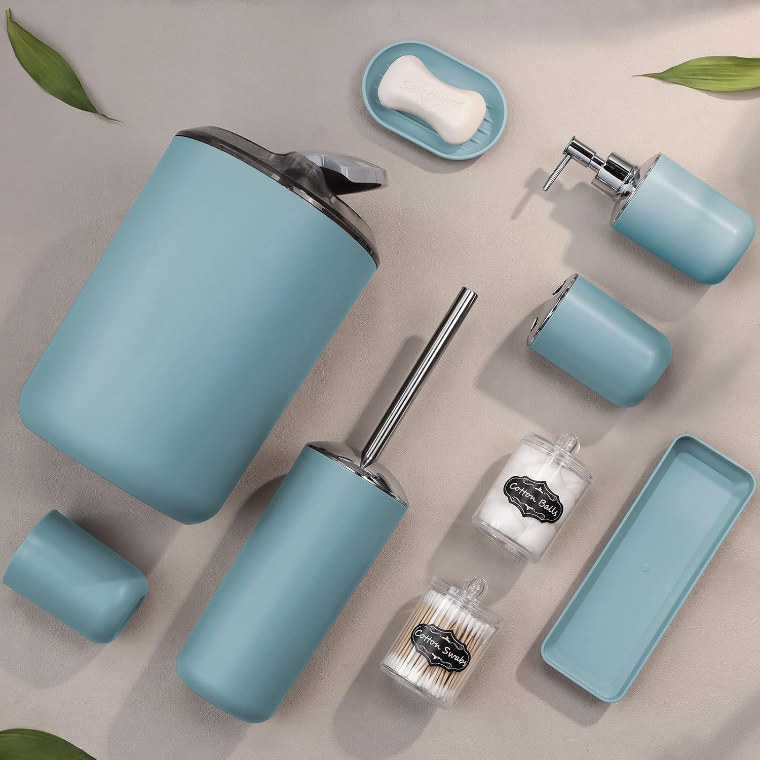 IMAVO Bathroom Accessories Set,Blue Bathroom Set,9 Pieces Bathroom Accessory Set,Tray,Qtip Holders,Toilet Brush,Trash