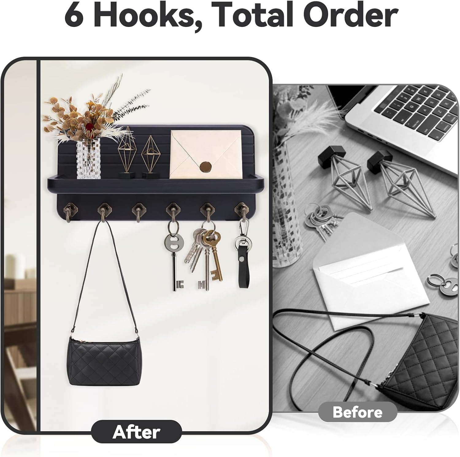 6 Hooks Wooden Hanging Key Rack / Black