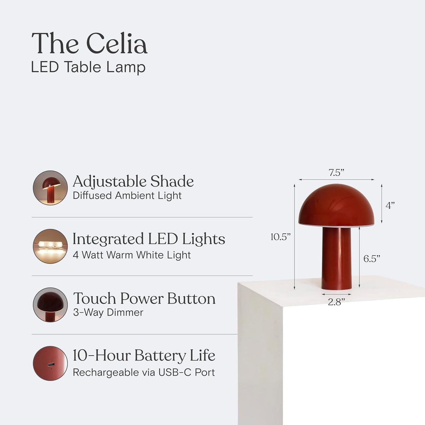 Brightech Celia Mood Lamp – 10" Touch-Controlled Mushroom Table Lamp, Cordless & Dimmable LED, Portable & Rechargeable