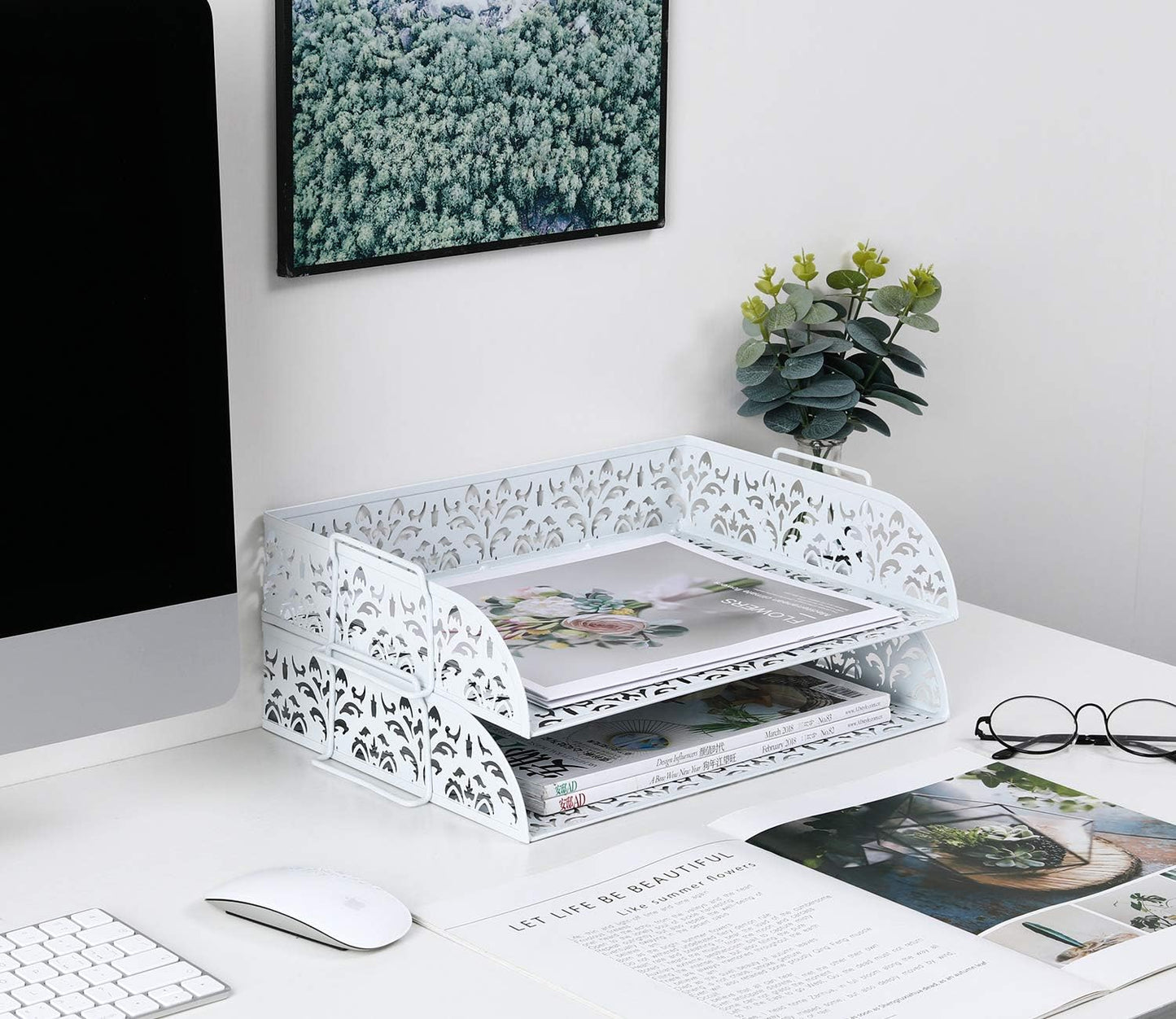 2 Tier Desktop File Organizer Metal Stackable Letter Tray Paper Holder Rack for Desk, White