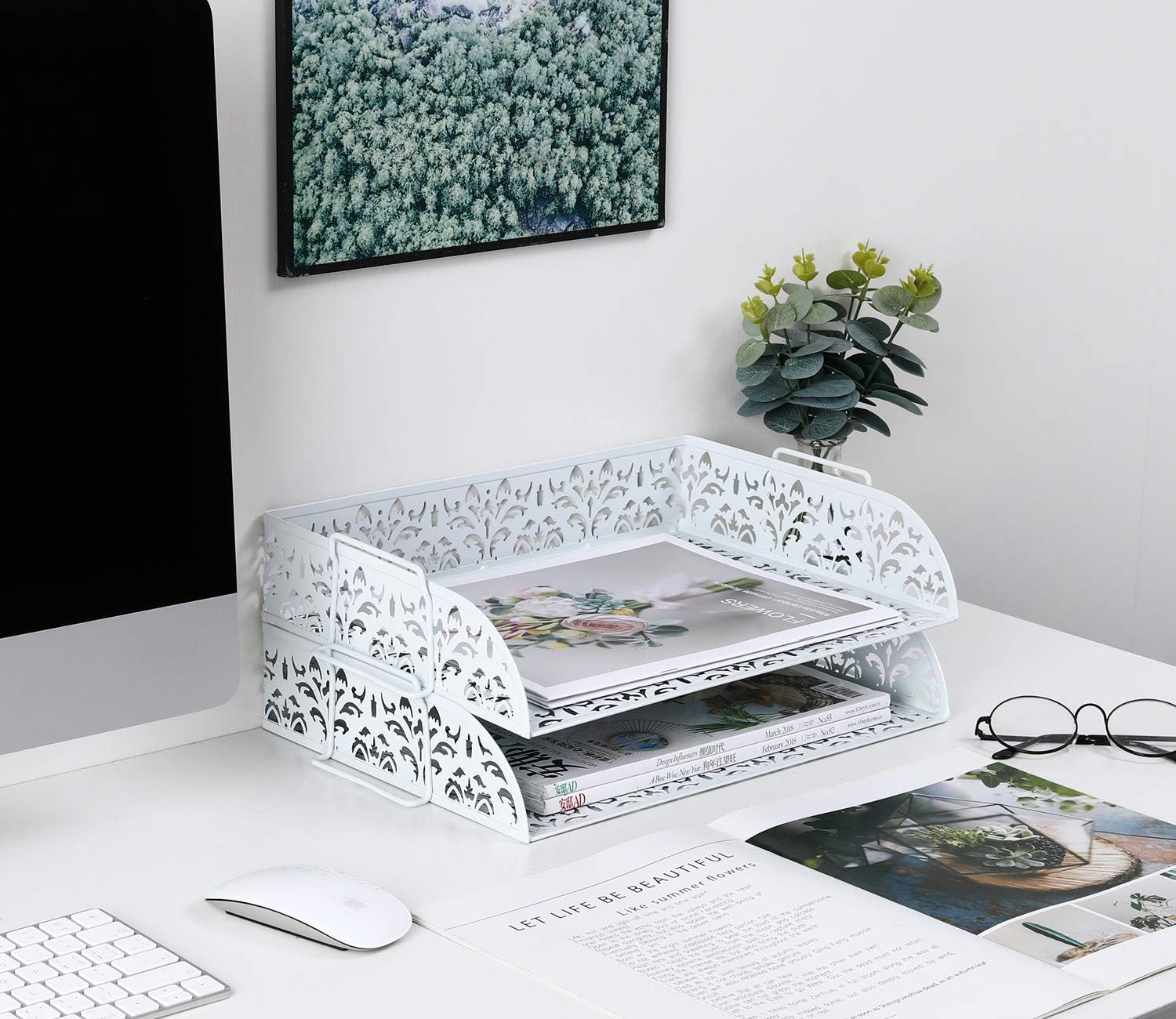 2 Tier Desktop File Organizer Metal Stackable Letter Tray Paper Holder Rack for Desk, White