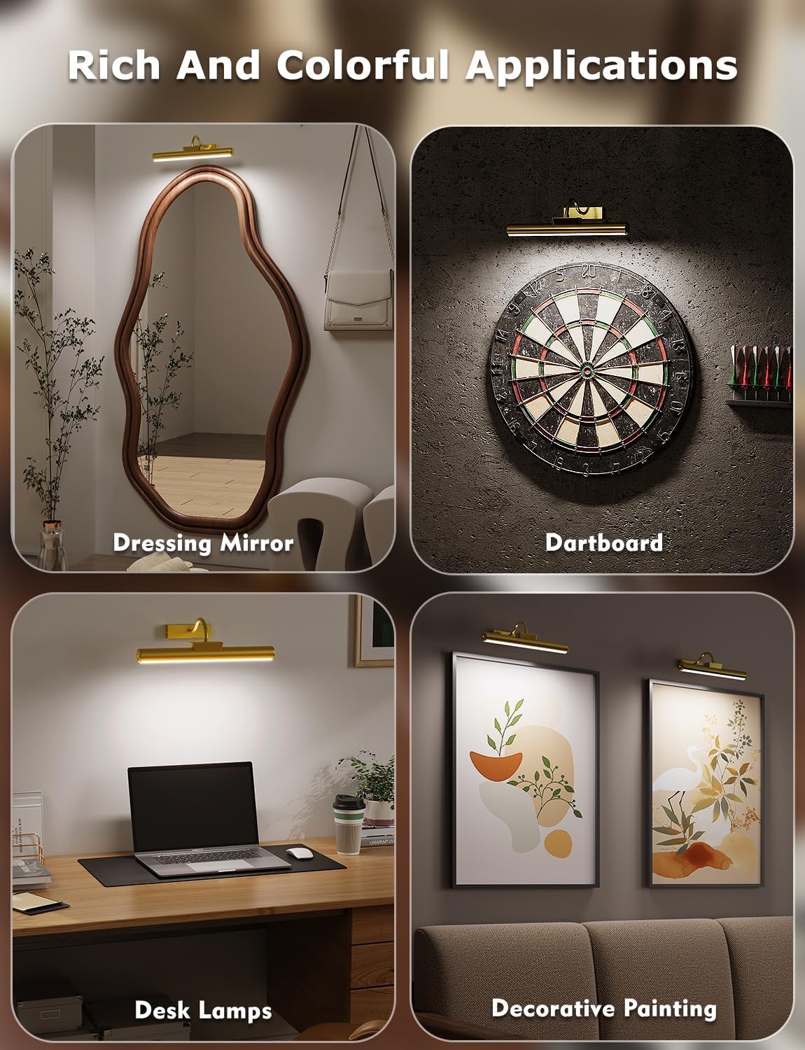 13" Wireless Picture Lights for Wall, Rechargeable Art Light, 2Pack Gold | Aluminum Photo Frame Light, Remote & Touch