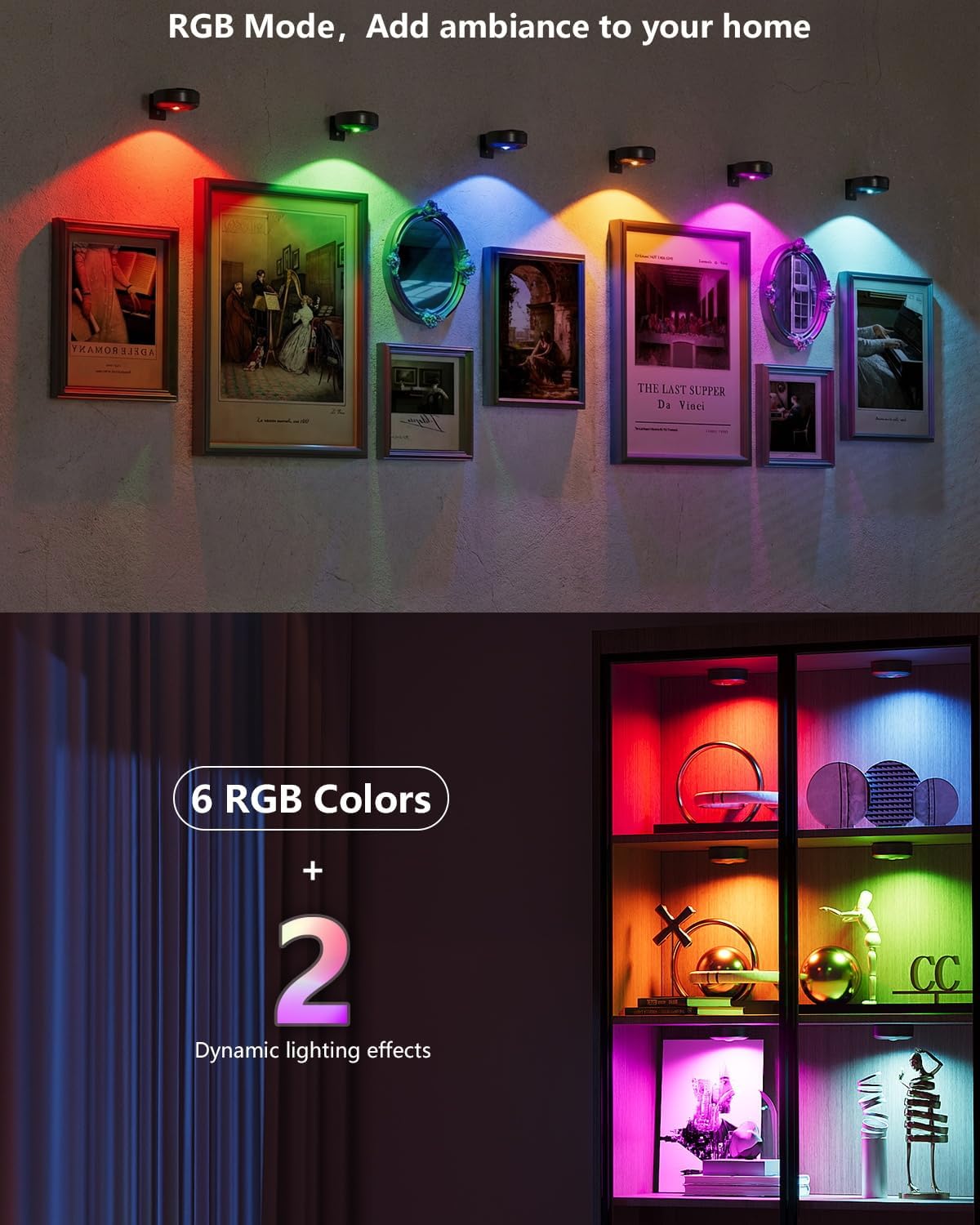 3.3" Picture Lights for Wall Spotlight, 2000mAh Rechargeable, 6Pack, Black | RGB & 3-Color-Temp丨Remote & Touch