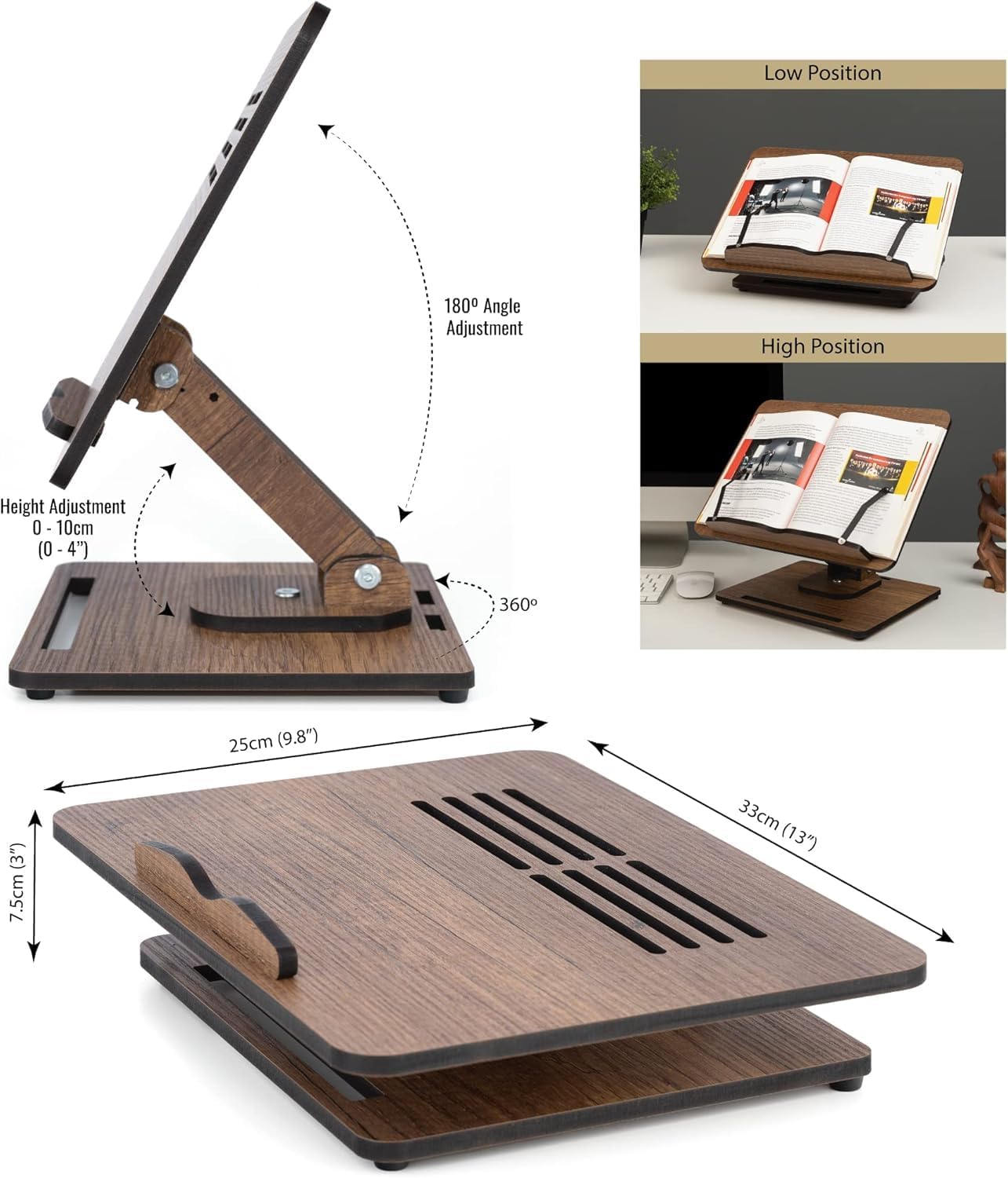 Vigo Wood Book Stand for Reading 360° Adjustable, Wooden Laptop Stand, Cookbooks Holder, Music Scores, Featuring