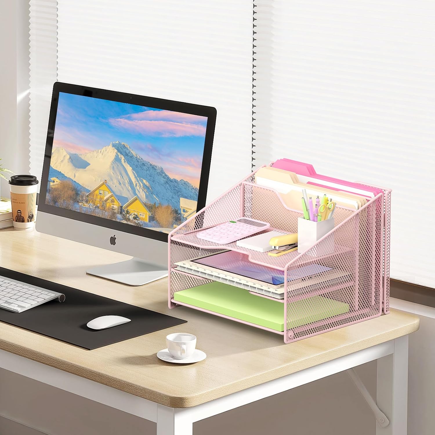 Samstar Pink Desk File Organizer, Mesh Letter File Folder Holder with 3 Paper Trays and 2 Vertical Upright Section, for
