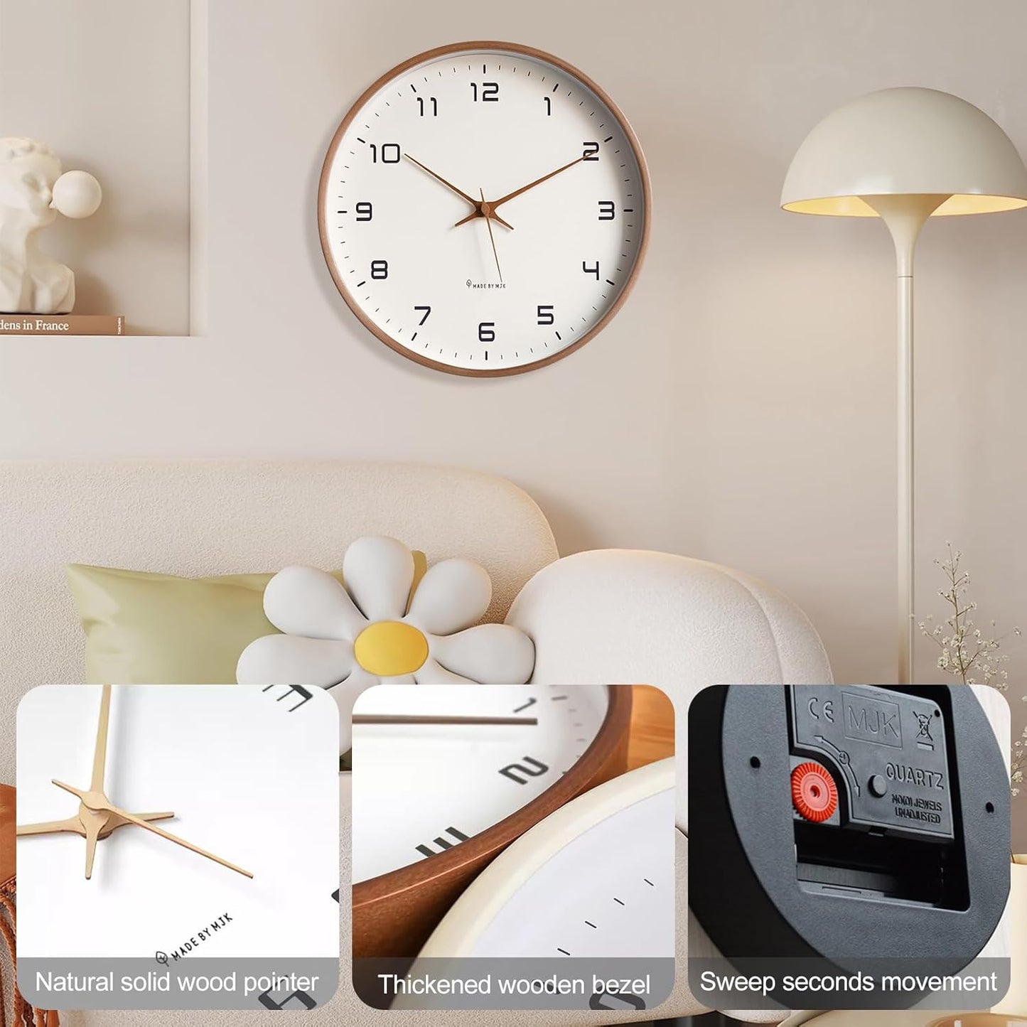Ergocar Wall Clock, Modern Silent No Ticking Round Wooden Wall Clock Battery Powered Decorate Bedroom, Living Room