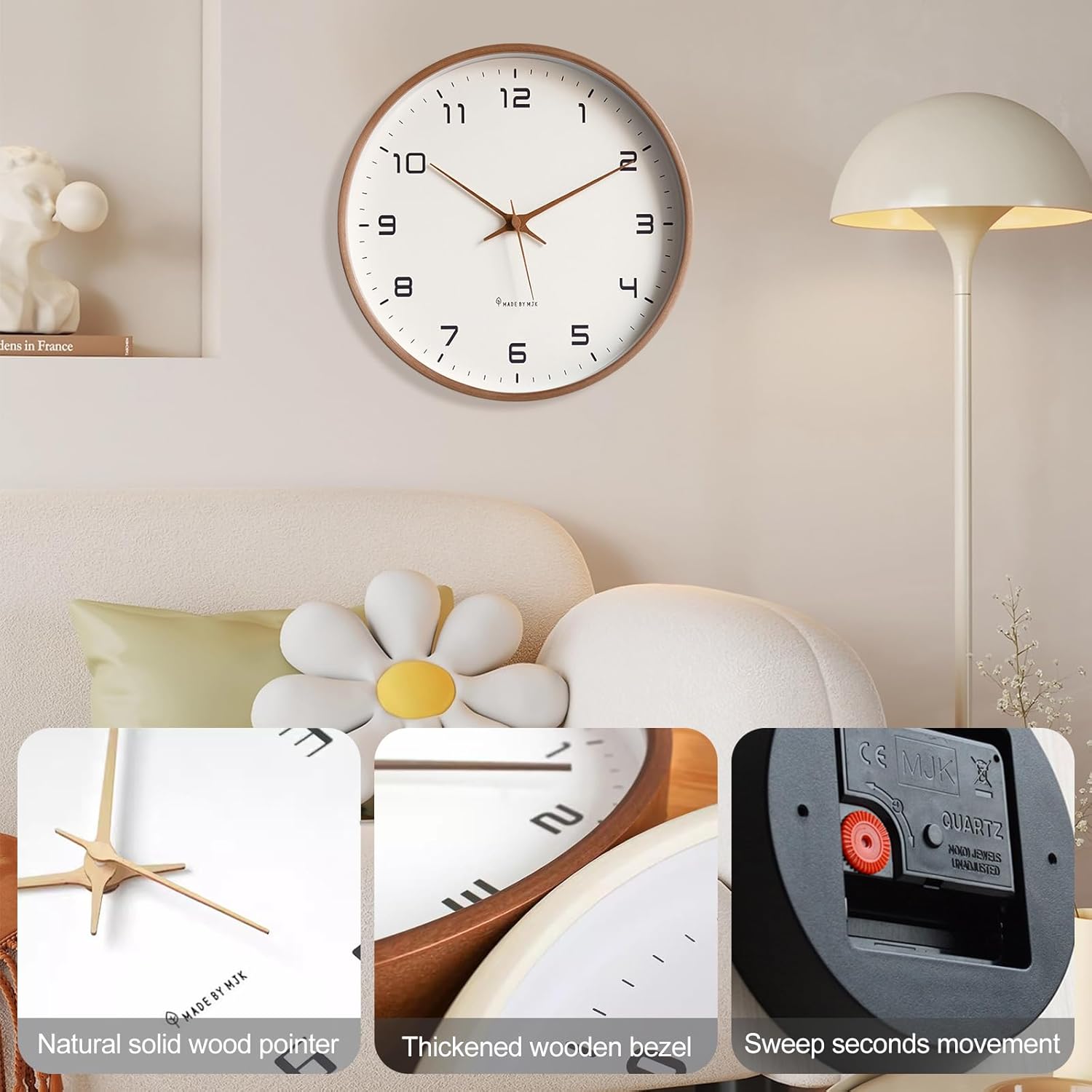 Ergocar Wall Clock, Modern Silent No Ticking Round Wooden Wall Clock Battery Powered Decorate Bedroom, Living Room