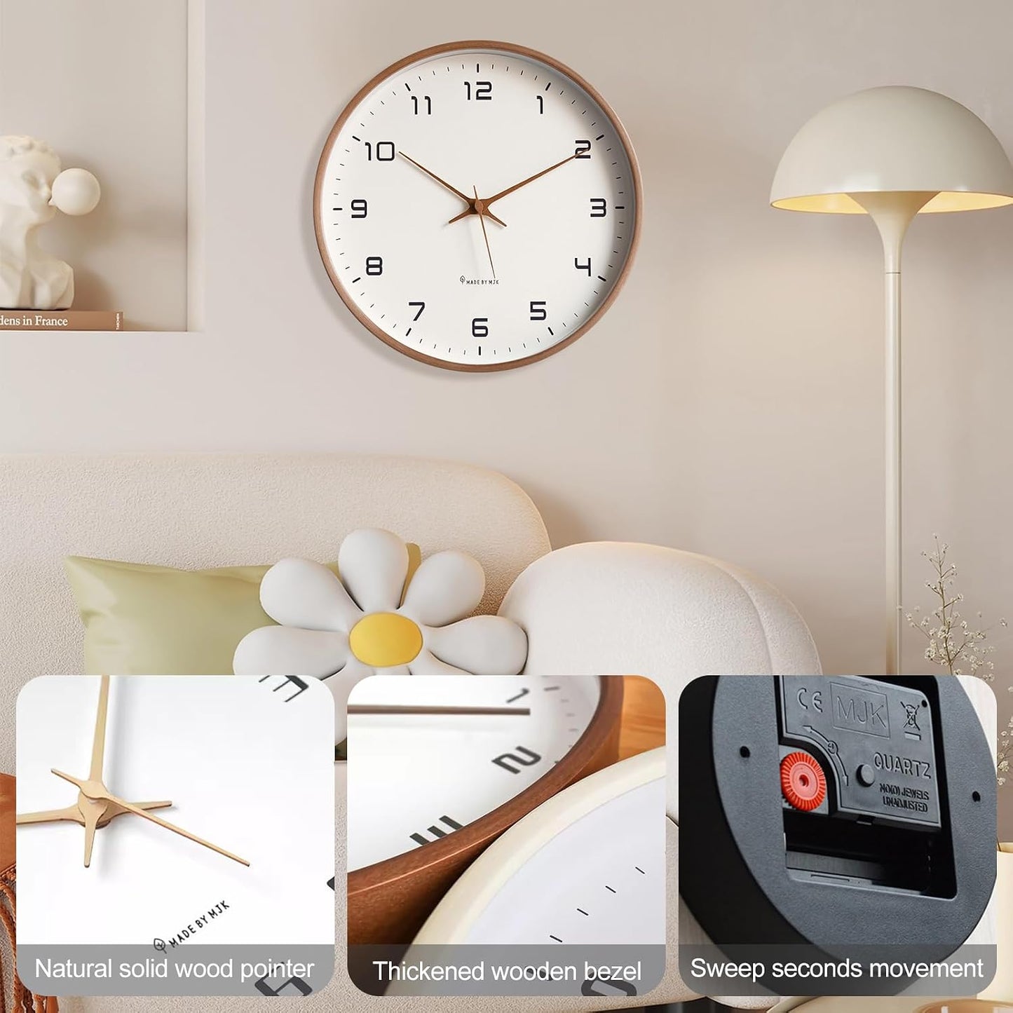 Ergocar Wall Clock, Modern Silent No Ticking Round Wooden Wall Clock Battery Powered Decorate Bedroom, Living Room