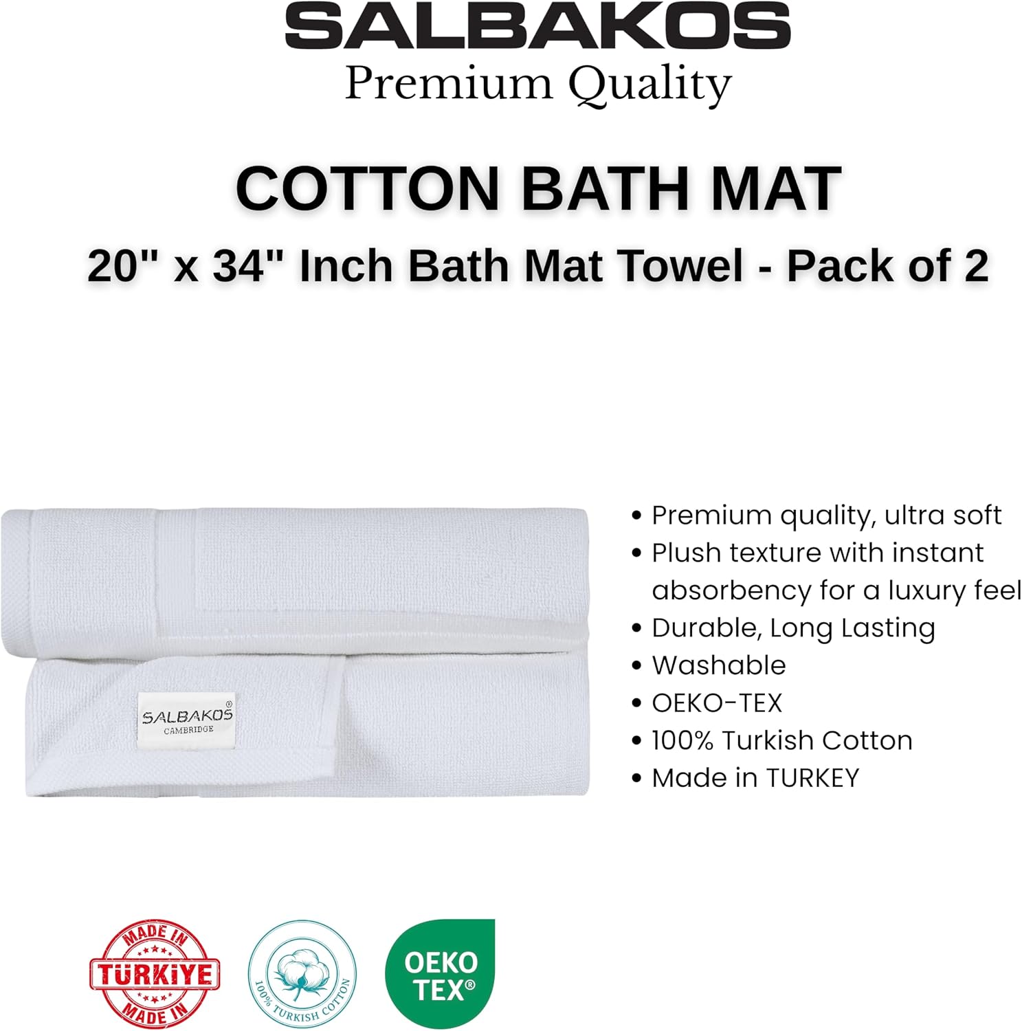 SALBAKOS 2-Piece 100% Turkish Cotton Bath Mat Towel, 20x34 inch, White | Bathroom Floor Towels, Thick Soft Most