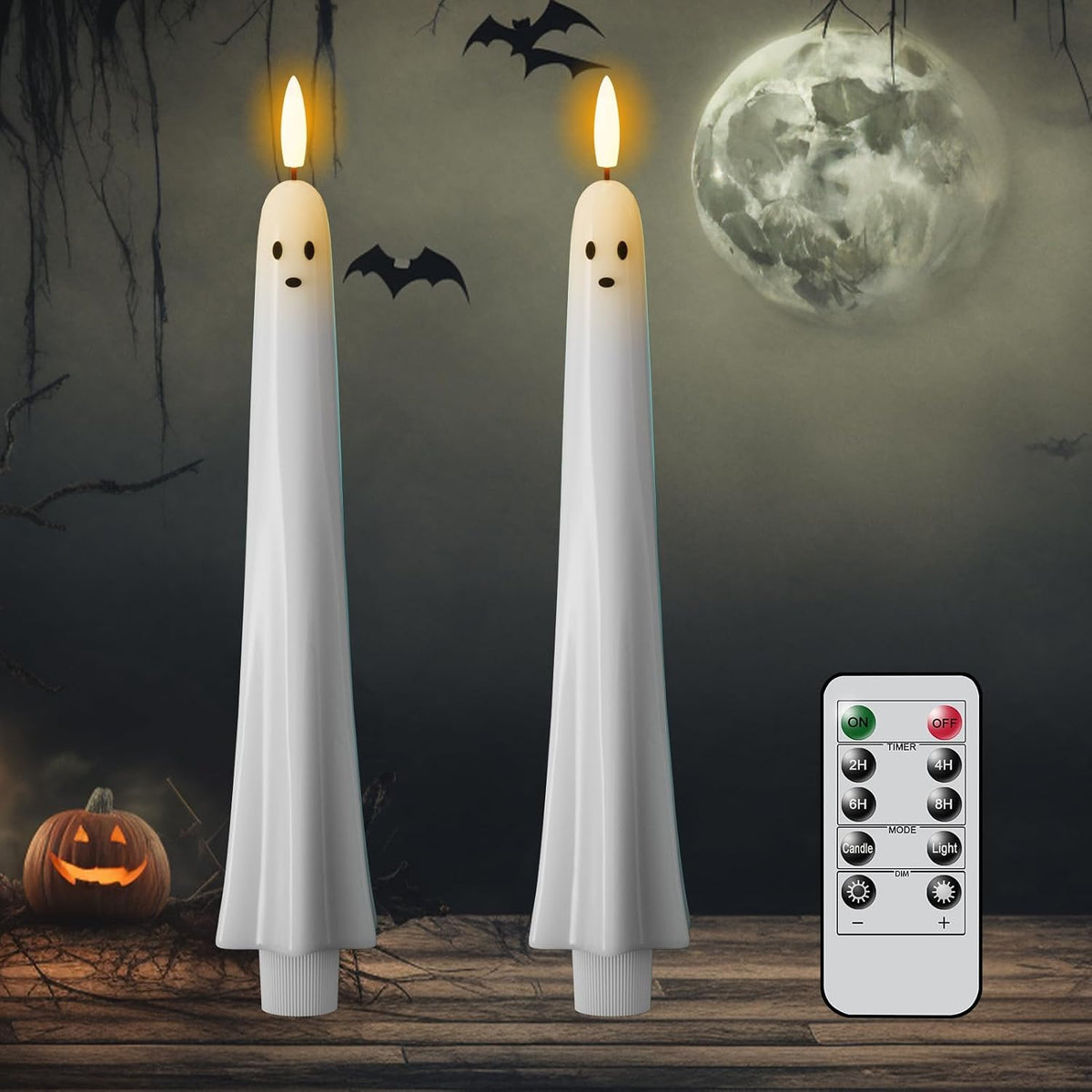 Halloween Ghost Flameless Taper Candles Flickering Remote Timer