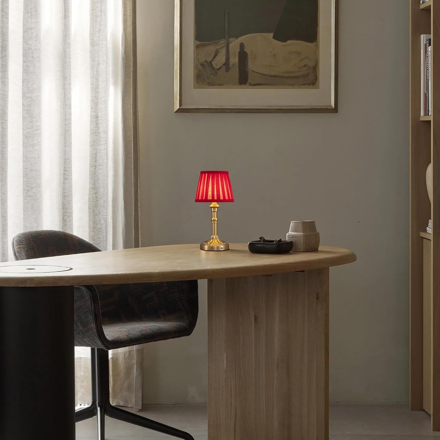 KDG Gold Cordless Table Lamps Set of 2, Red Fabric Shade Small Desk Lamp | Portables 4000mAh Battery Powered, LED