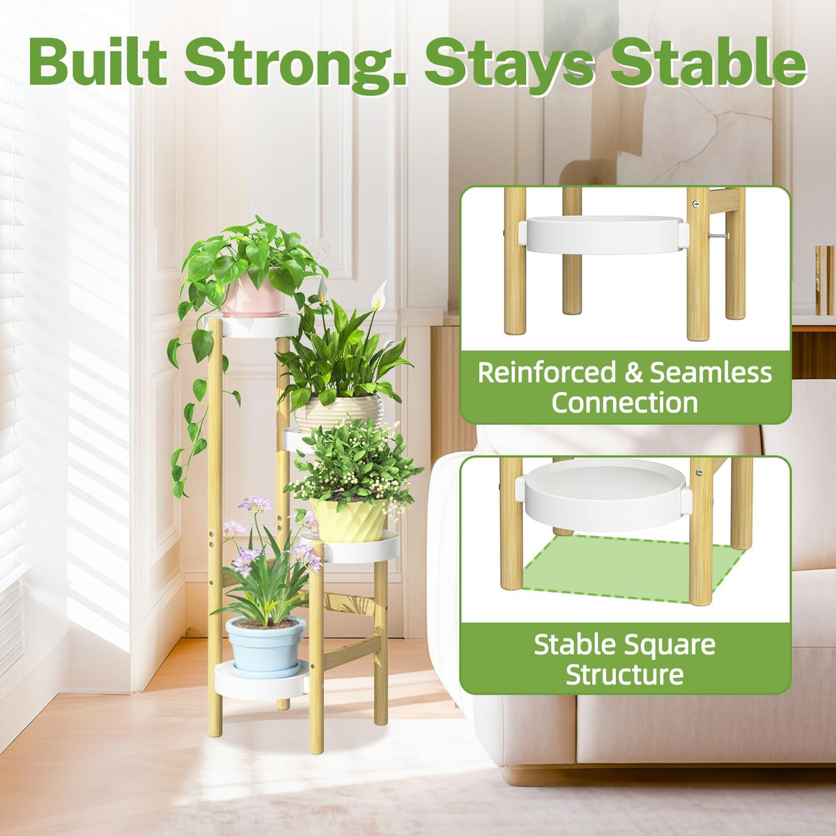 iDavosic.ly 4 Tier Bamboo Plant Stand Indoor Outdoor, Plastic Tray, White | Tiered Corner Flower Holder Shelf, Space