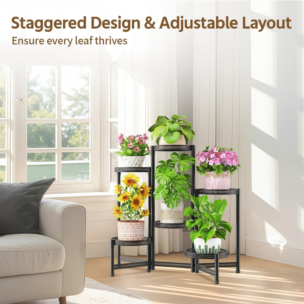 LASZOLA Plant Stand Indoor Outdoor Tall with 10 Inch Larger Tray, Black | 5 Tier Heavy Duty Metal Adjustable Multiple
