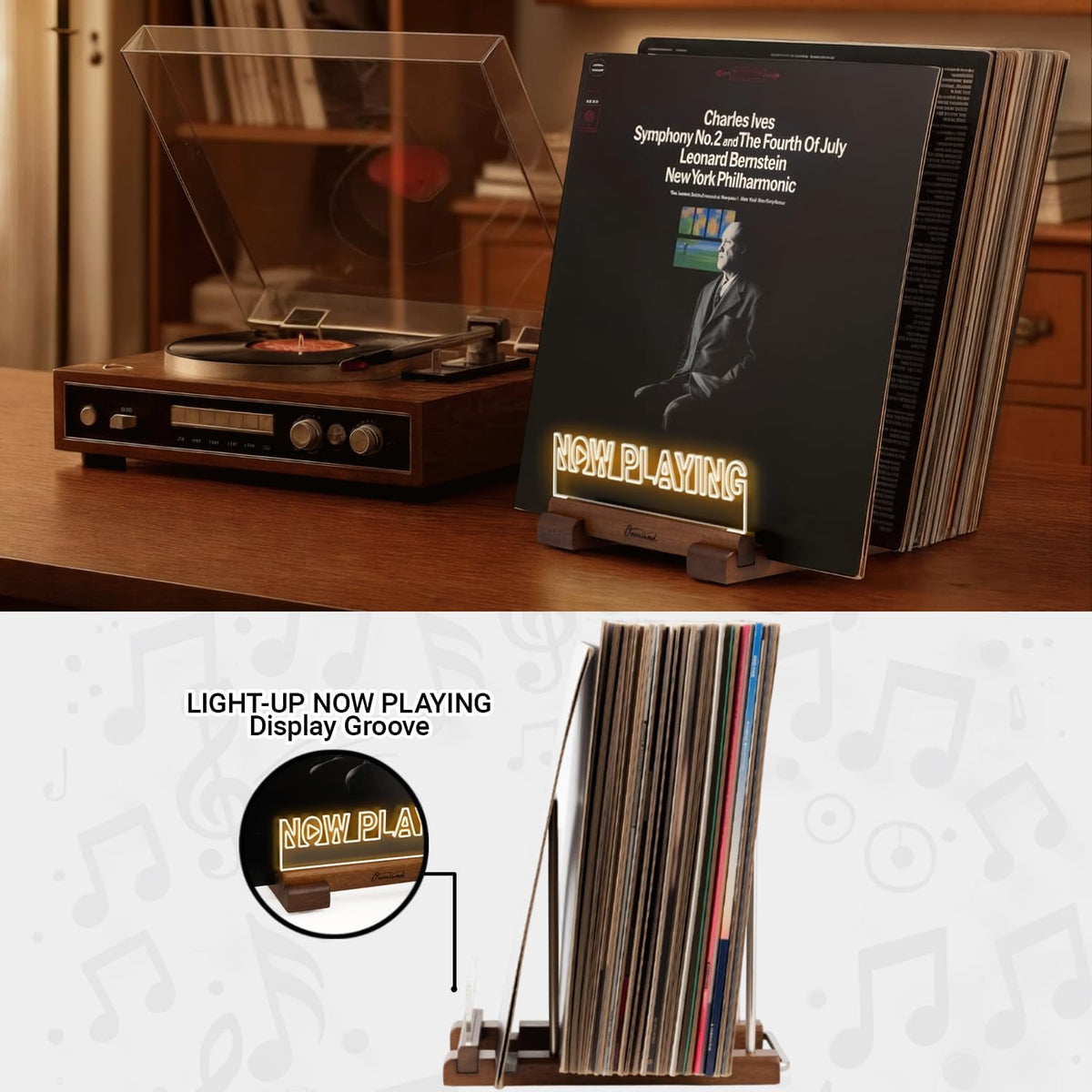 Onmiwod Vinyl Record Holder for 35 LPs, Light Up Now Playing Vinyl Record Stand, Wooden Album Storage Organizer, Album