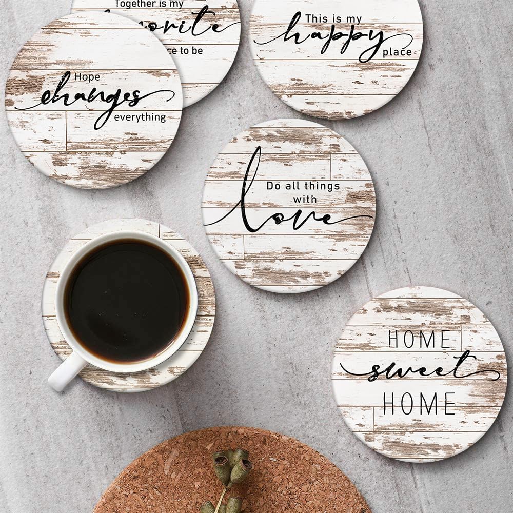 Vintage Farmhouse Home Happy Saying Absorbent Round Ceramic Stone Mat / Rusty Wood / Set of 6