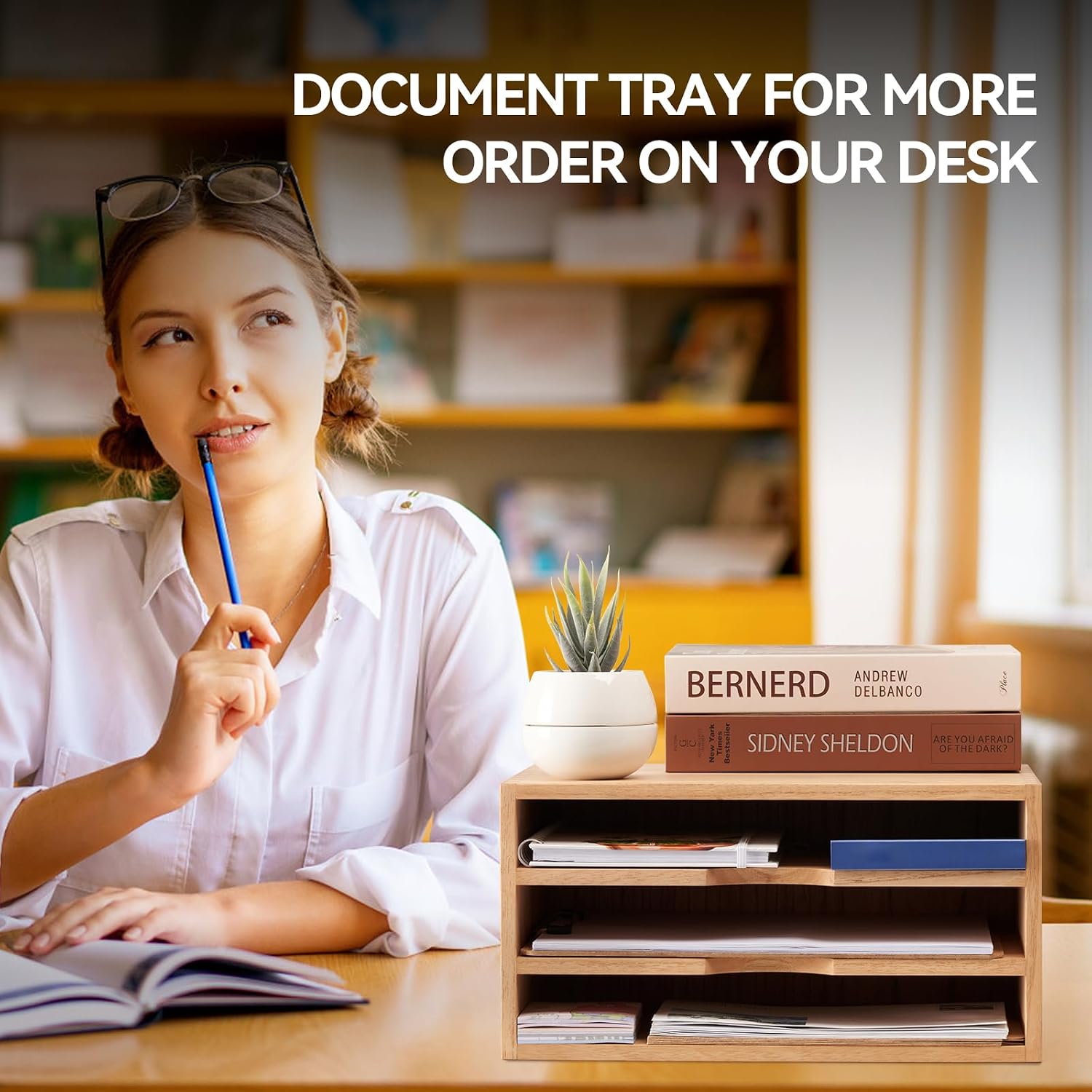 KIRIGEN Wooden Desk Organizer 3-Tier Letter Tray and Paper Sorter, Natural | Solid Wood Paper Tray Document Holder