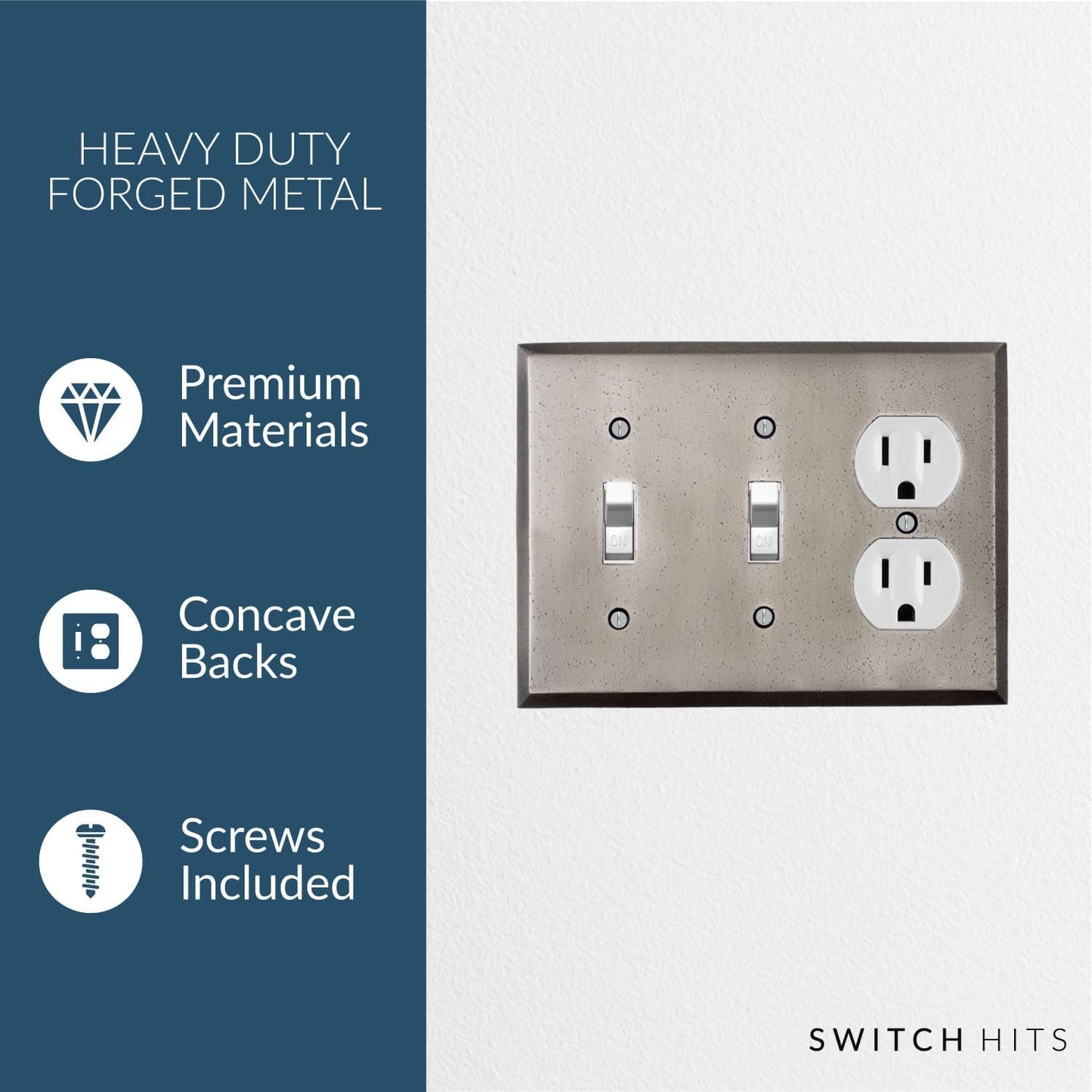 Distressed Antique Pewter Outlet Wall Plate | 2 Toggle - 1 Duplex | 6.25" x 4.5" | Hand-Polished Brass Construction