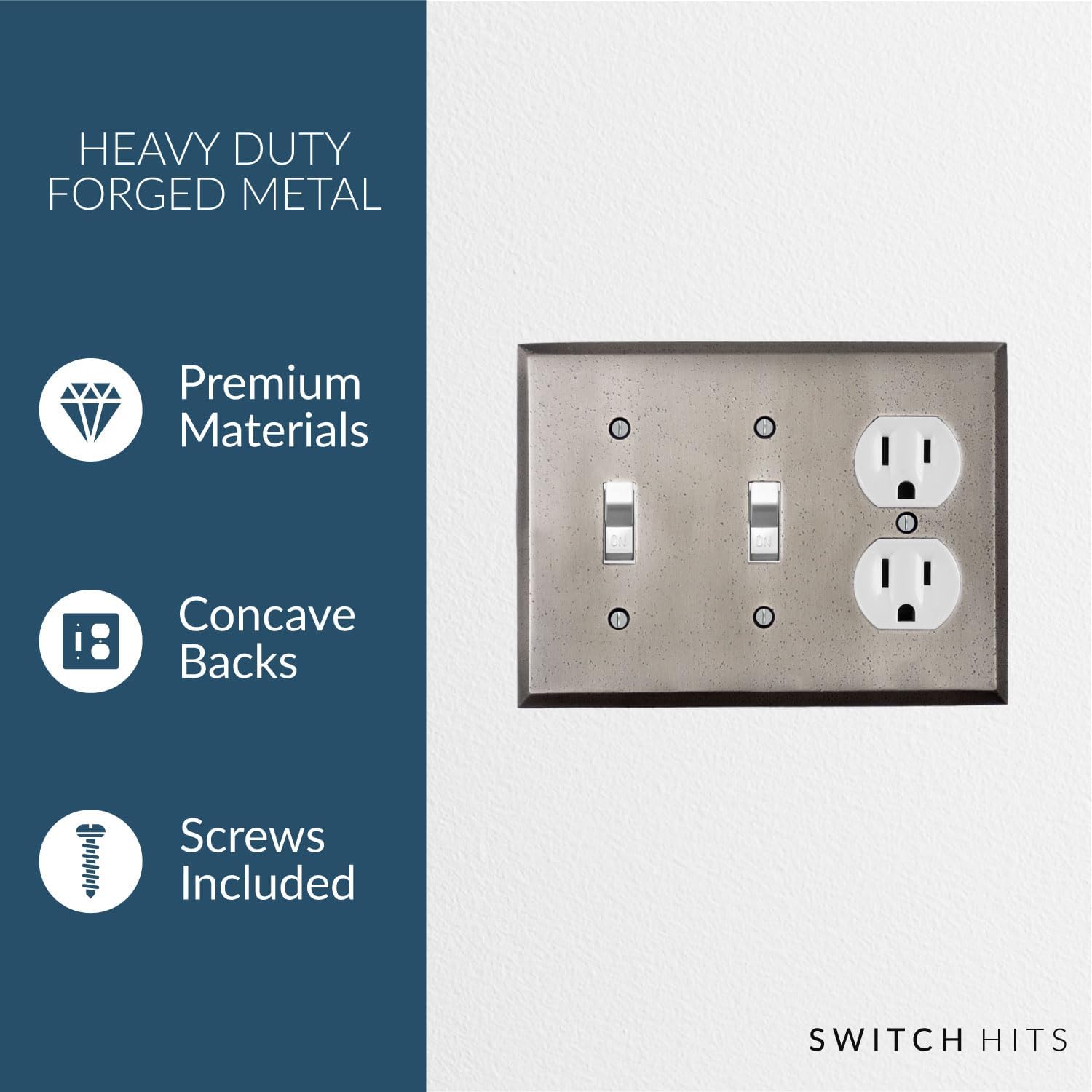 Distressed Antique Pewter Outlet Wall Plate | 2 Toggle - 1 Duplex | 6.25" x 4.5" | Hand-Polished Brass Construction
