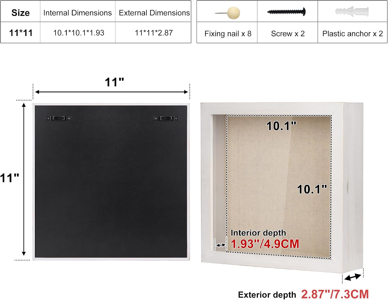 Love-KANKEI Deep Shadow Box 11x11,Solid Wood Frame,Memory Box,Rustic White | Front-Opening Glass Magnetic Door,Linen