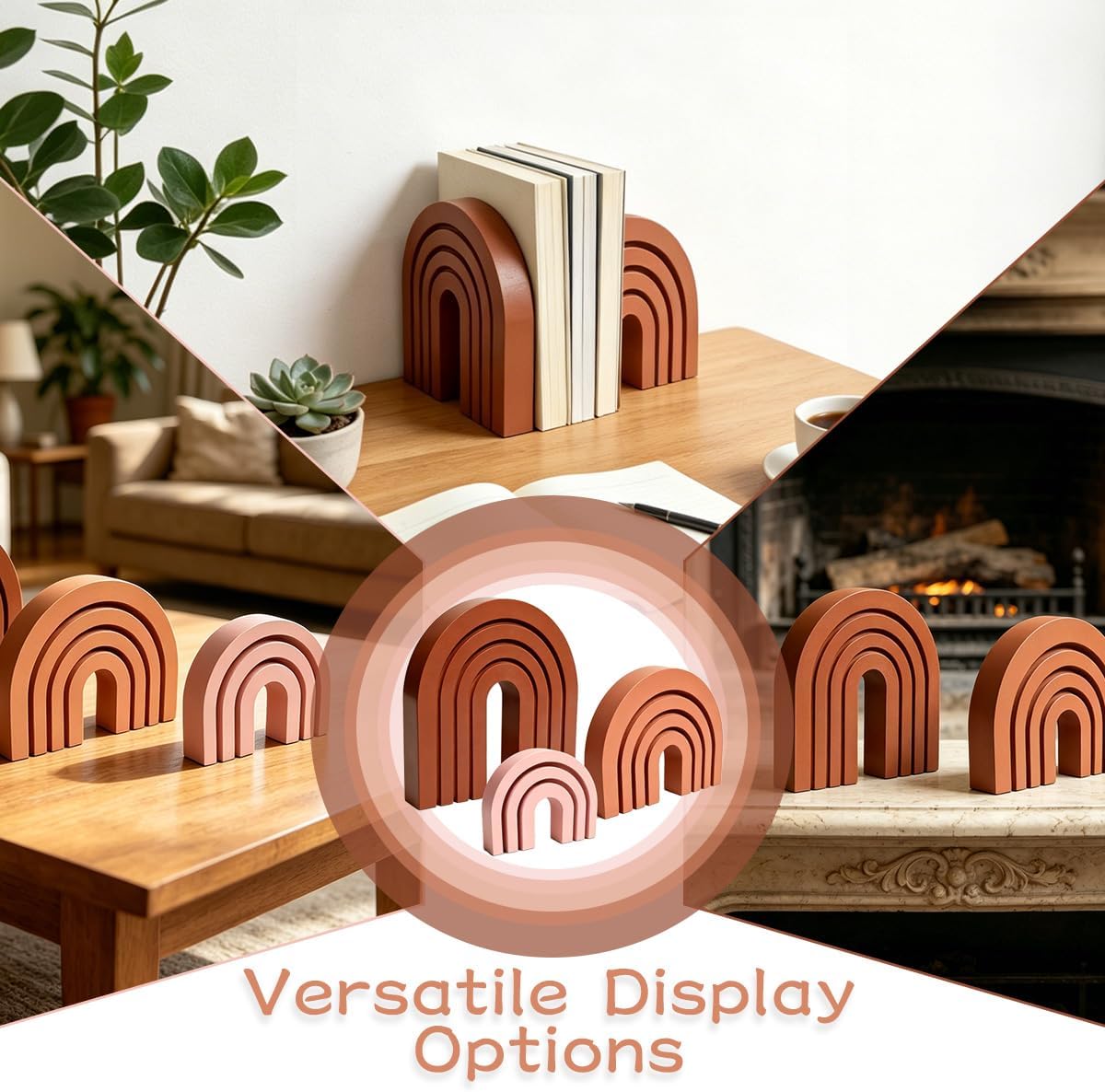 Modern Wooden Rainbow Arch Shelf Table Mantel Bookends / Pink / Set of 3