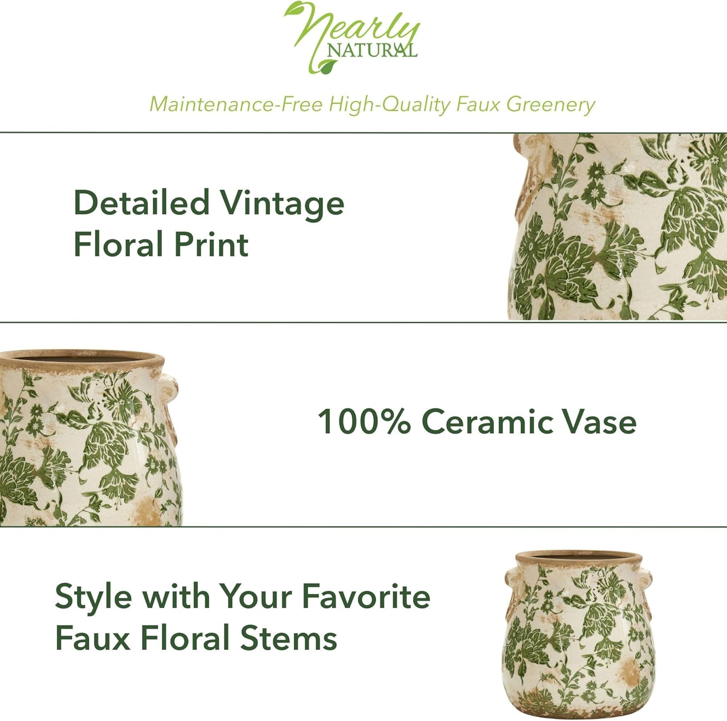 Ceramic Decorative Vase Tuscan Style Floral / 6.5 In. W x 6.5 In. D x 6.5 In. H / Green / 6.5 Inch