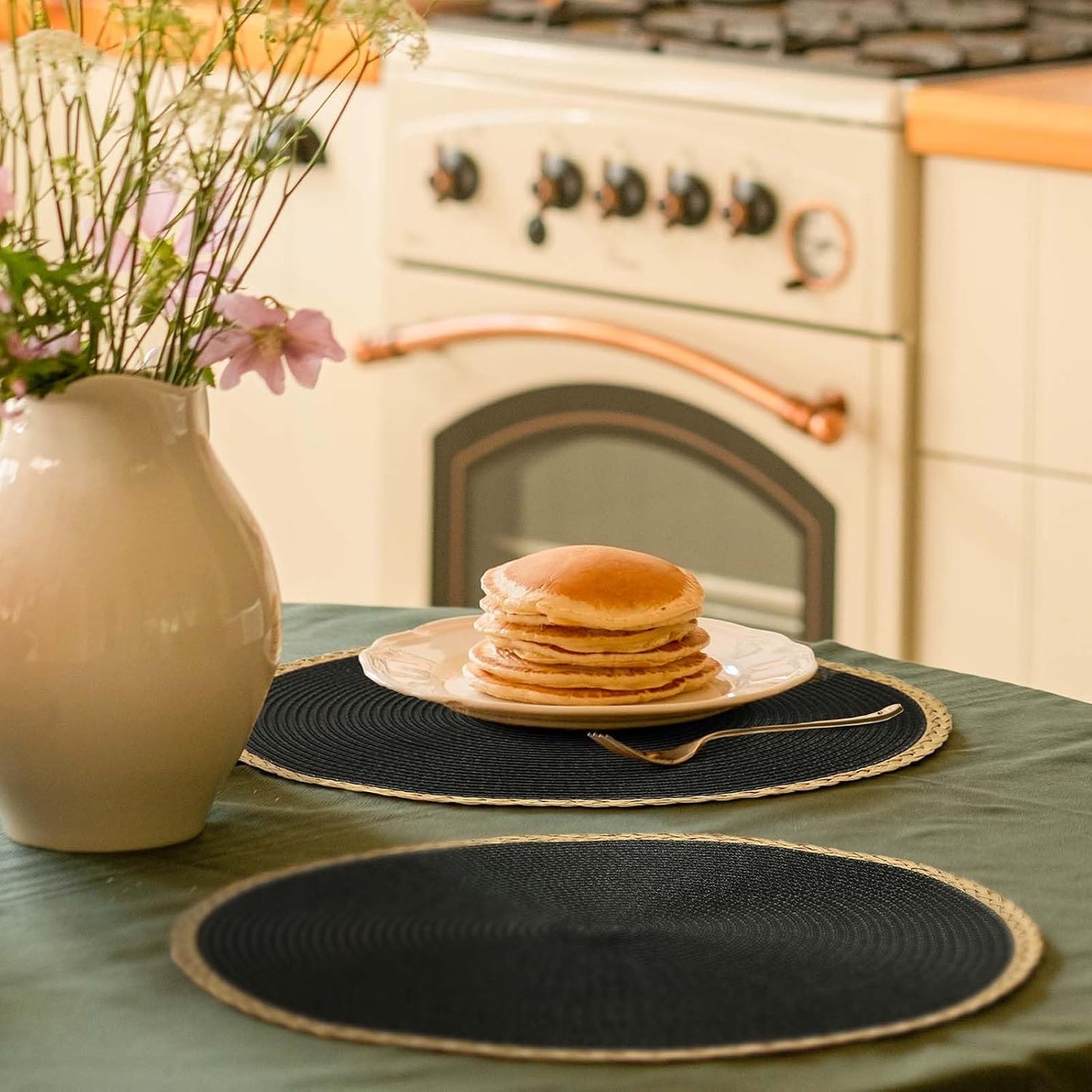 Round Placemats Set of 8, Woven Table Mats, Thin Edge, Black | Braided Paper Edge, 15 Inch Diameter, Fits Dinner Plate