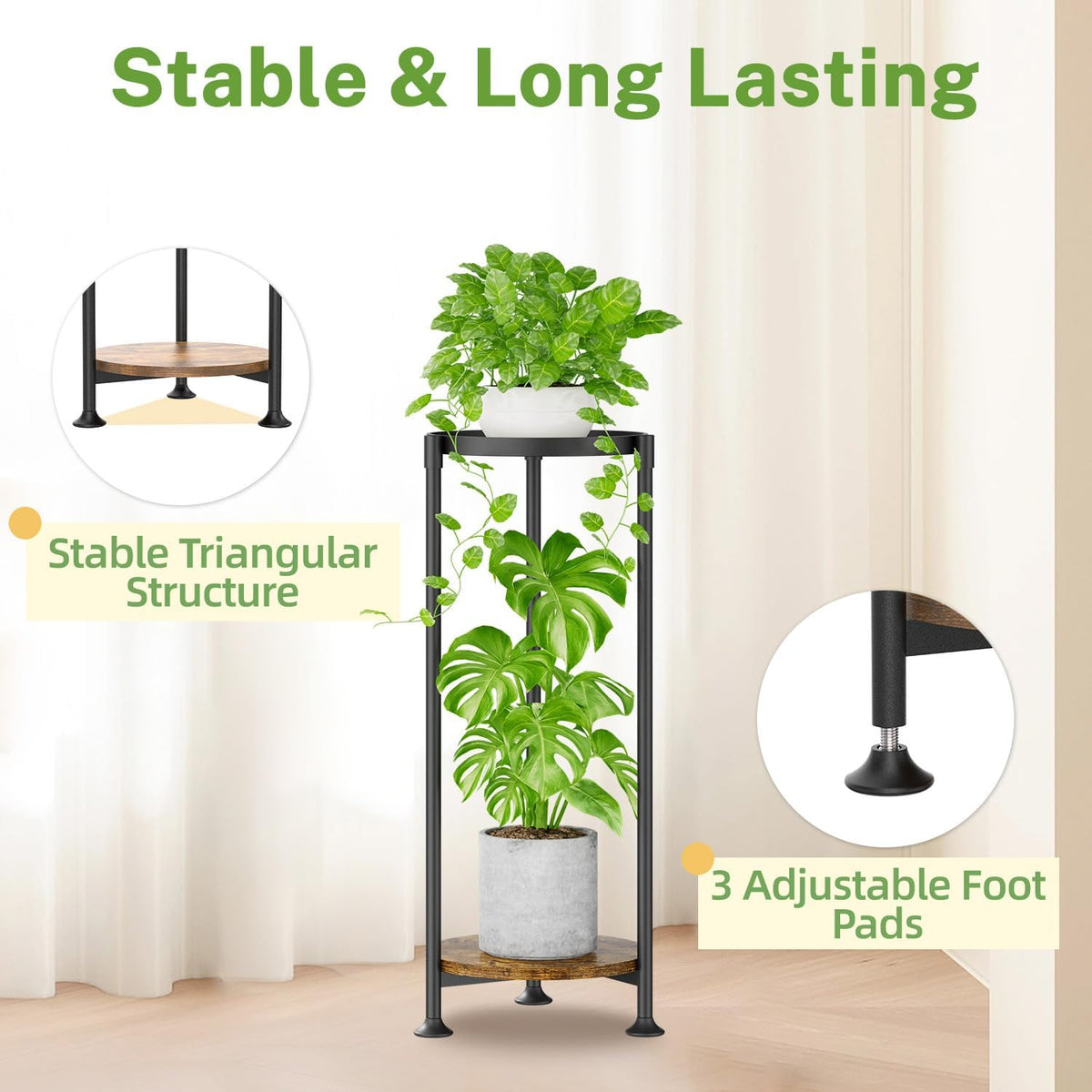 iDavosic.ly 2 Tier Corner Metal Plant Stand Indoor with Grow Light, Black | Vertical Outdoor Flower Display Holder for