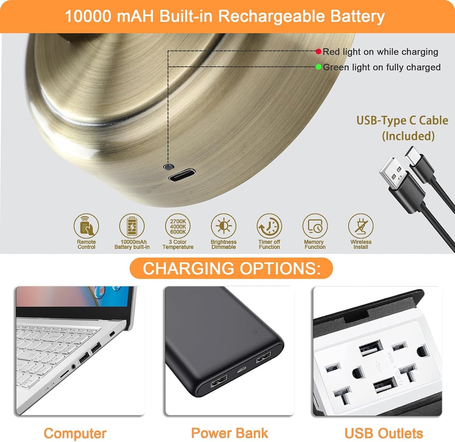 Battery Operated Picture Light, Cordless Art Light with Remote Control, Photo Frame Light with 5000mAh Battery, 3 Color