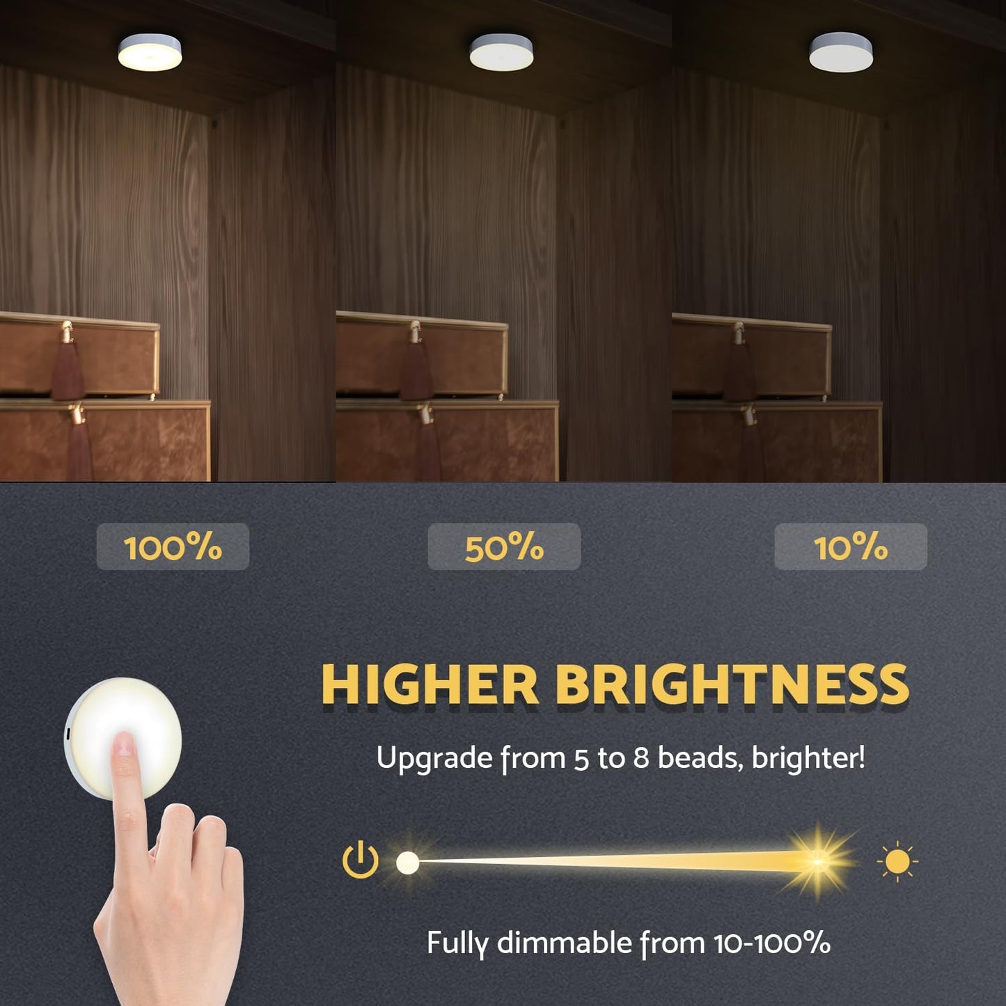 DAZZY DOT Rechargeable Puck Lights 2-Pack, Magnetic Tap Light, Warm Yellow | Dimmable touch control, magnetic &