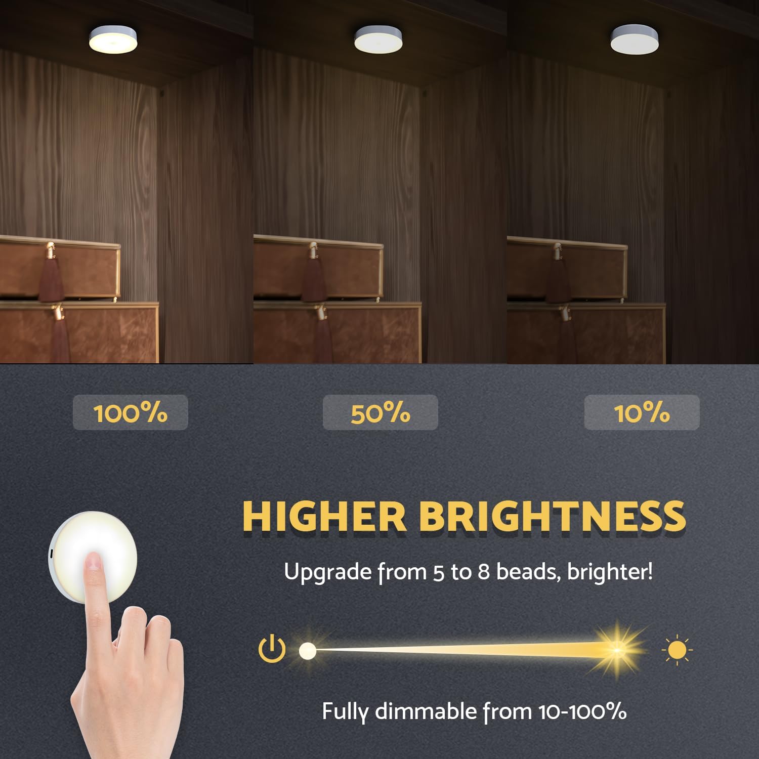 DAZZY DOT Rechargeable Puck Lights 2-Pack, Magnetic Tap Light, Warm Yellow | Dimmable touch control, magnetic &