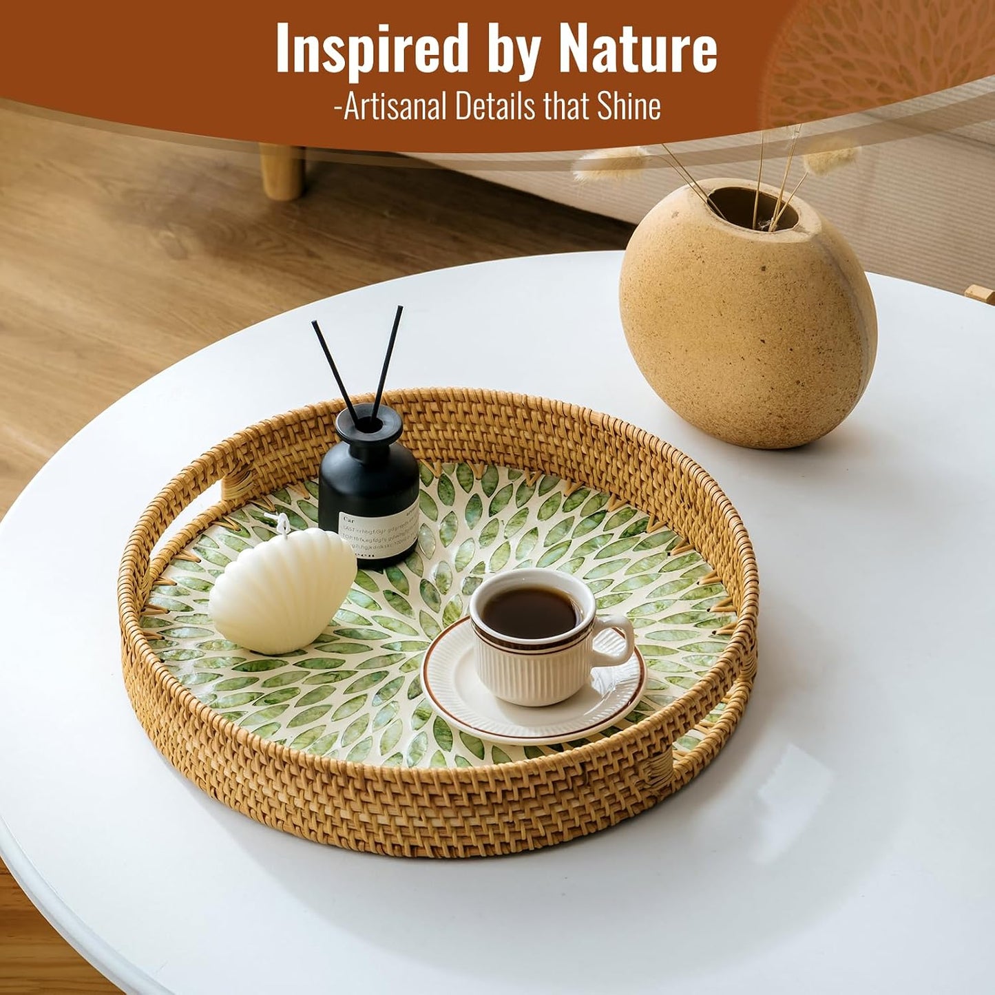 in Round Rattan Serving Tray / Green / 13.8 Inch
