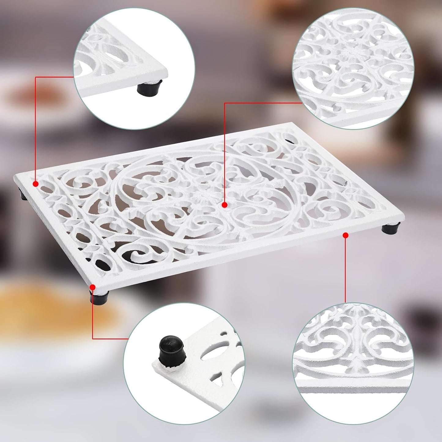 Sumnacon Cast Iron Trivet 2Pcs Heat Resistant Trivets for Hot Pots and Pans | 9.6 x 6.3 Inch Metal Trivets with Rubber