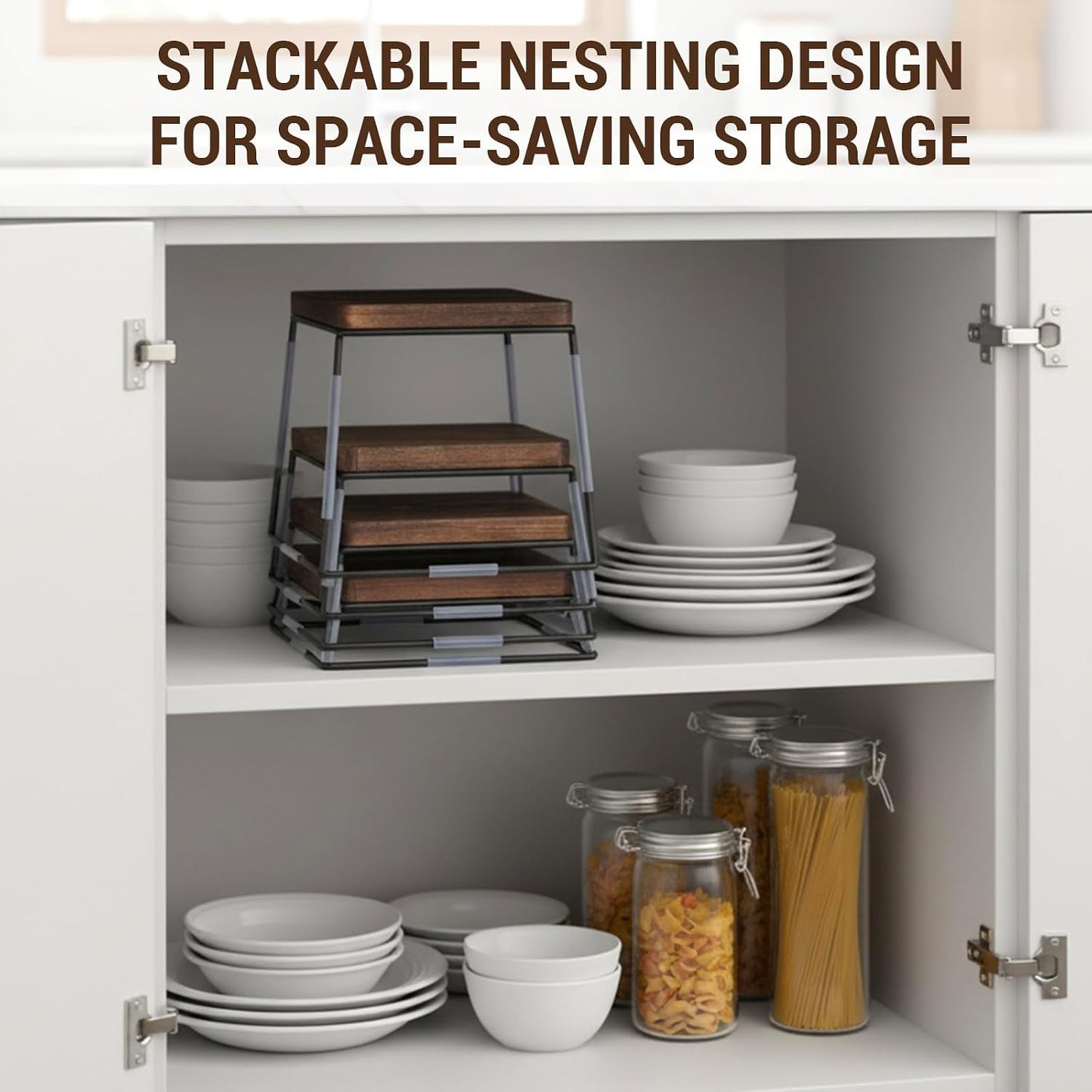 MyGift 4 Piece Dessert Display Stand Set Wood Buffet Risers Brown Metal | Matte Black Wire Bases, Nesting Display