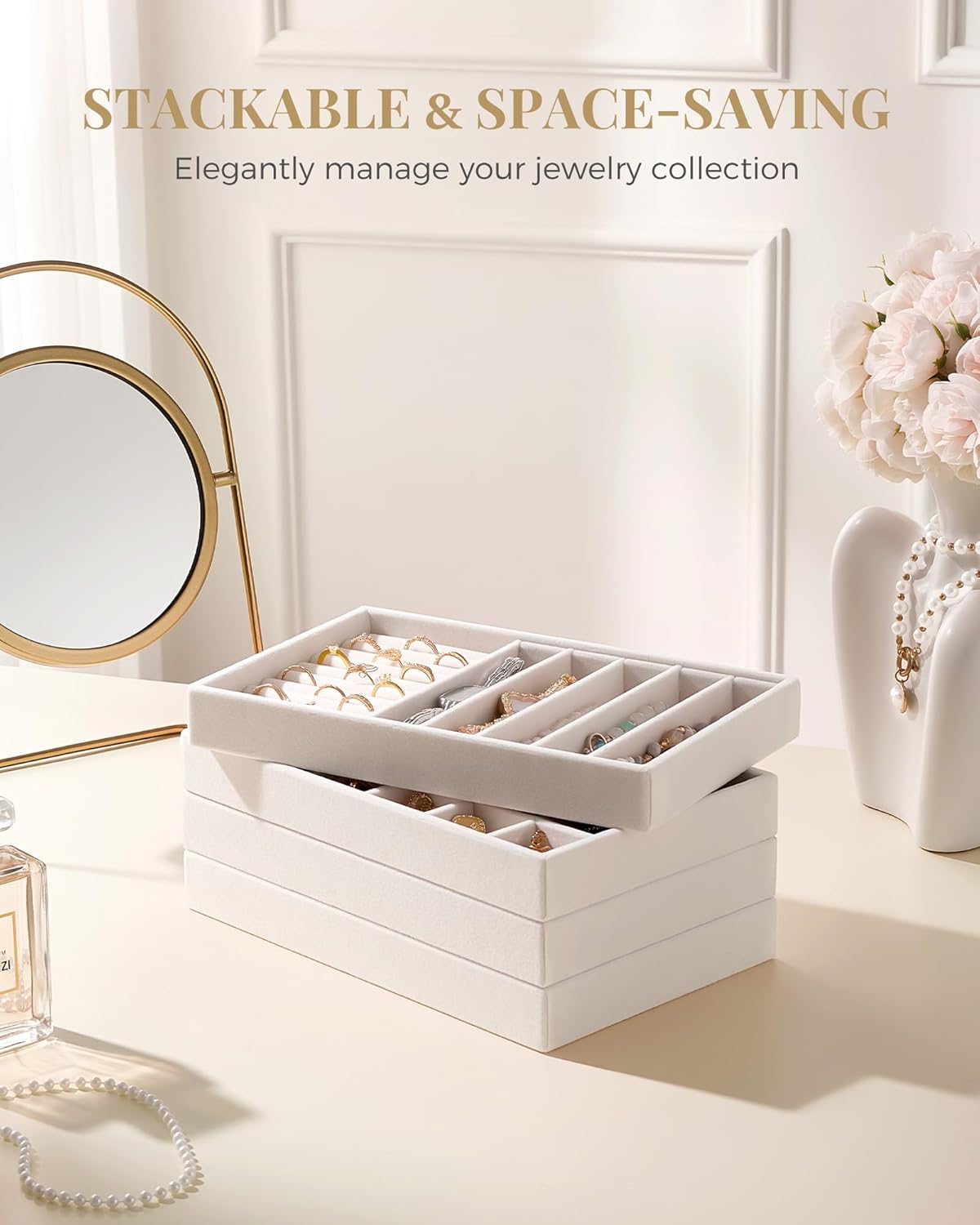 Stackable Velvet Tray Jewelry Storage Organizers Set Display Cases / Beige / A5 Size, 4 Packs