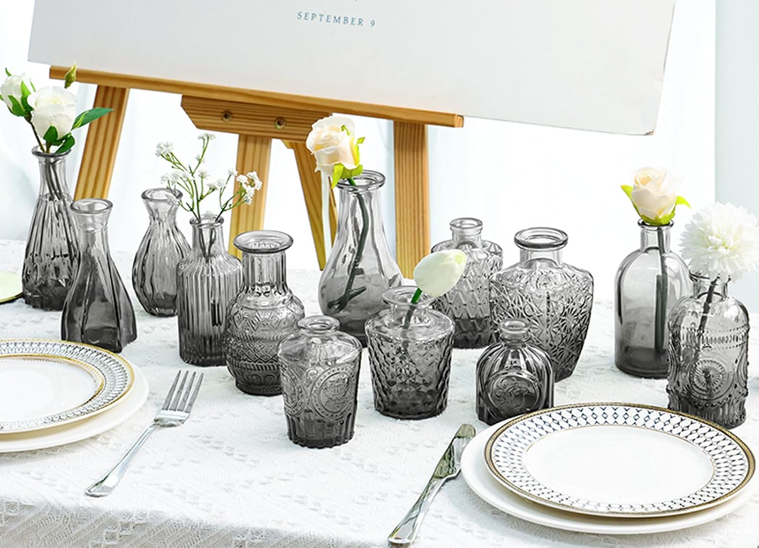 Black Glass Bud Vases- Set Gray Small Vases for Flowers / Black Grey / Set of 20