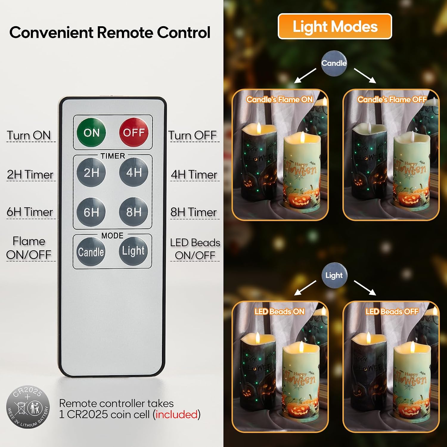 Halloween Pumpkin Fiber Optic Flameless Pillar Candles with Remote | Flickering Spooky LED Candles Set of 2, 3 AA