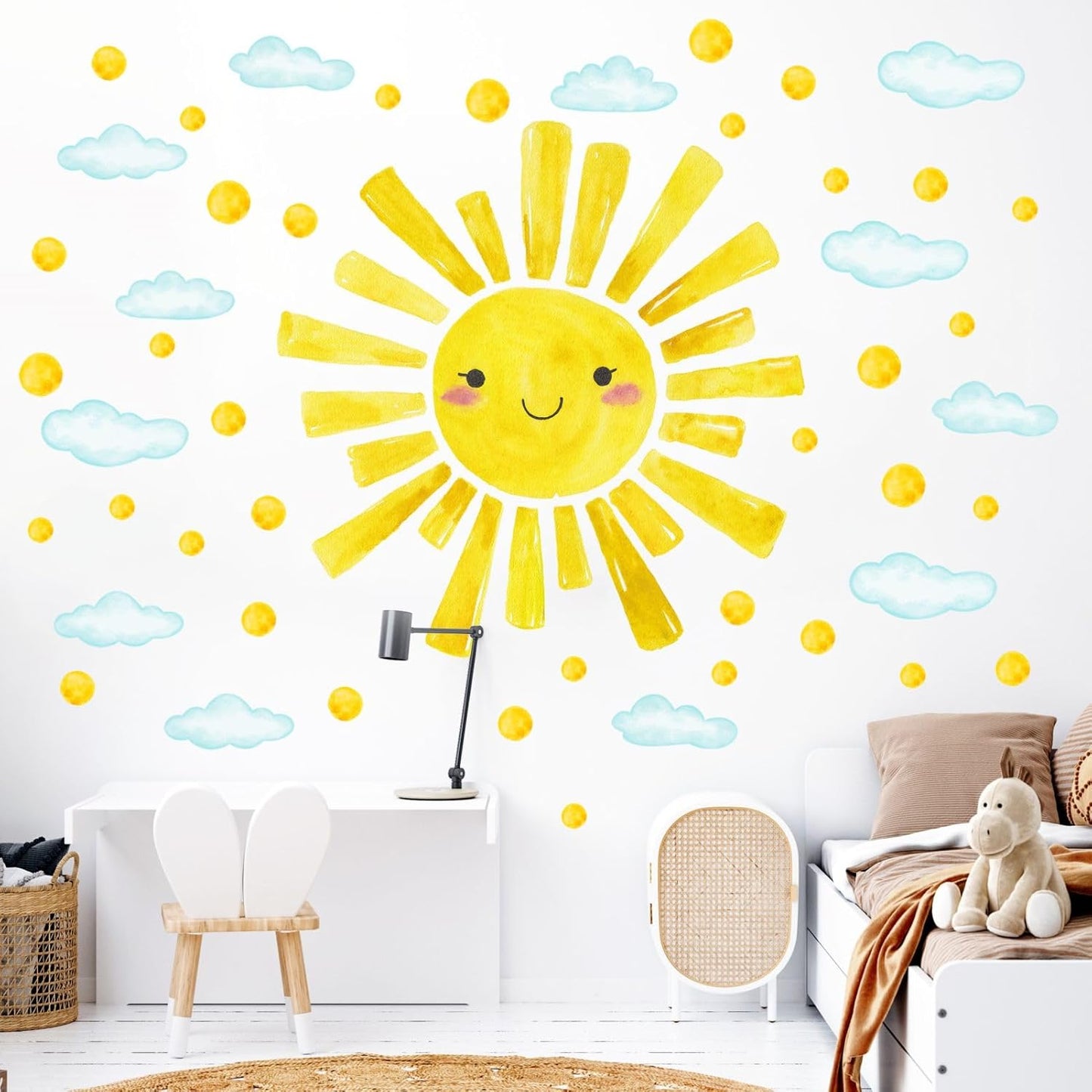 Watercolor Large Sun Wall Decals Cloud Polka Dots Wall Stickers for Kids Room / Smile Sun