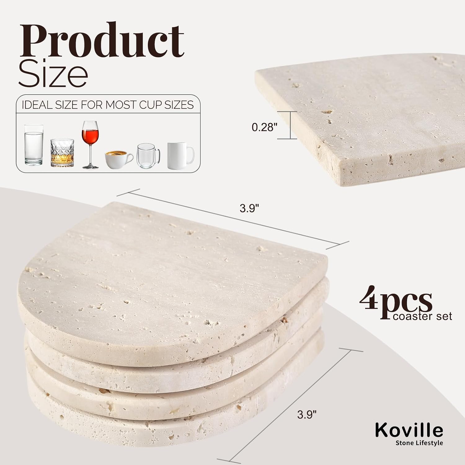 4" Stone Coasters Modern Arch Shape Heat / Travertine / Natural / Set of 4