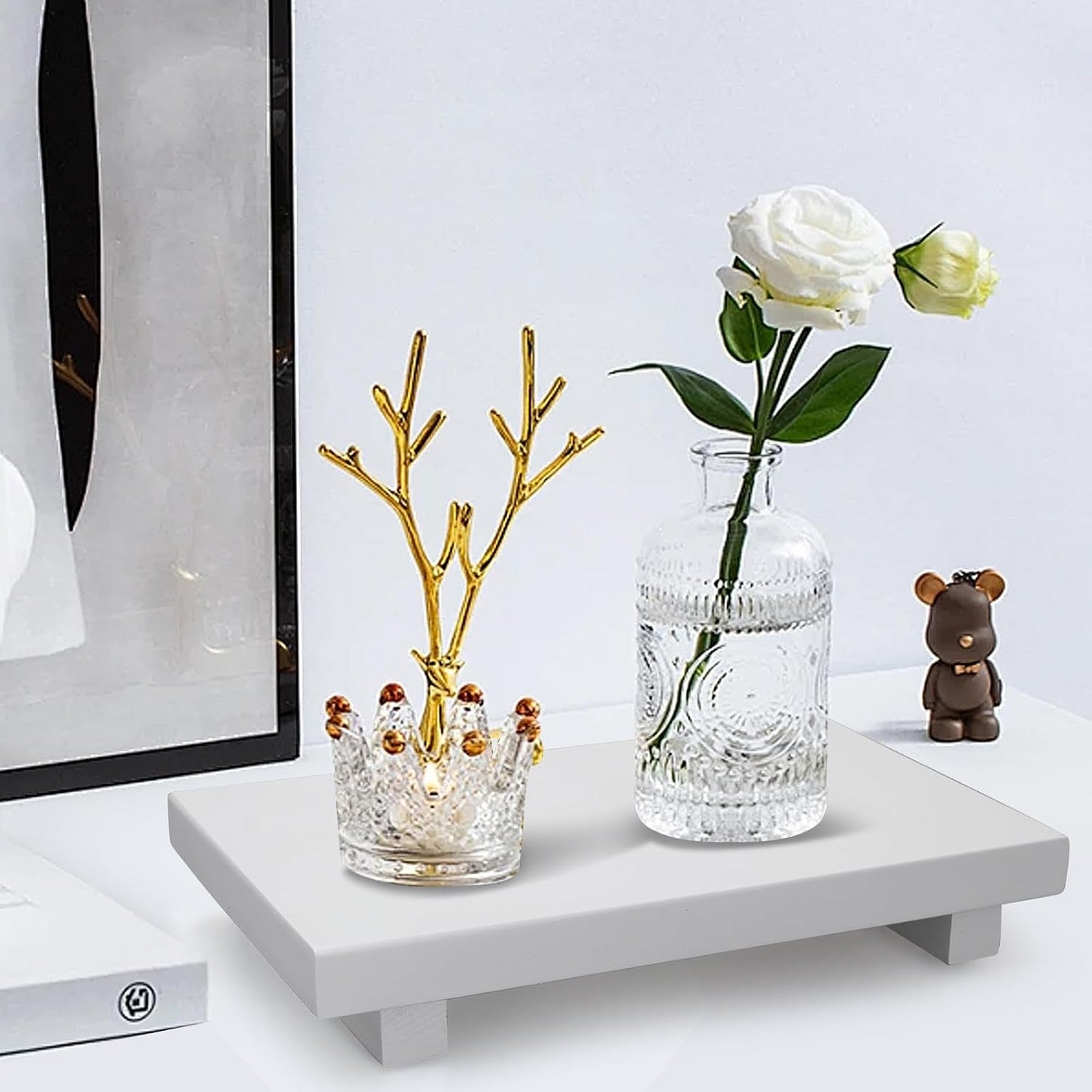 Wooden Bathroom Tray Wood Riser Pedestal Stand Dish Soap Dispenser Holder / 10 x 6 x 1.6 / White