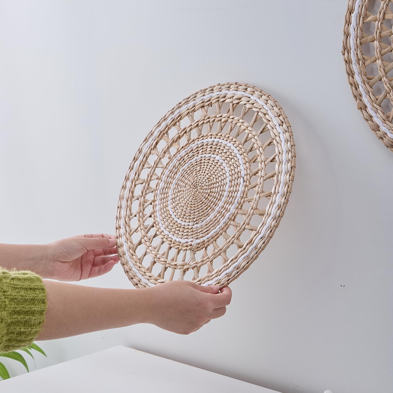 Boho Woven Grass Wall Hanging & Tray / Minimalist White / Set of 2