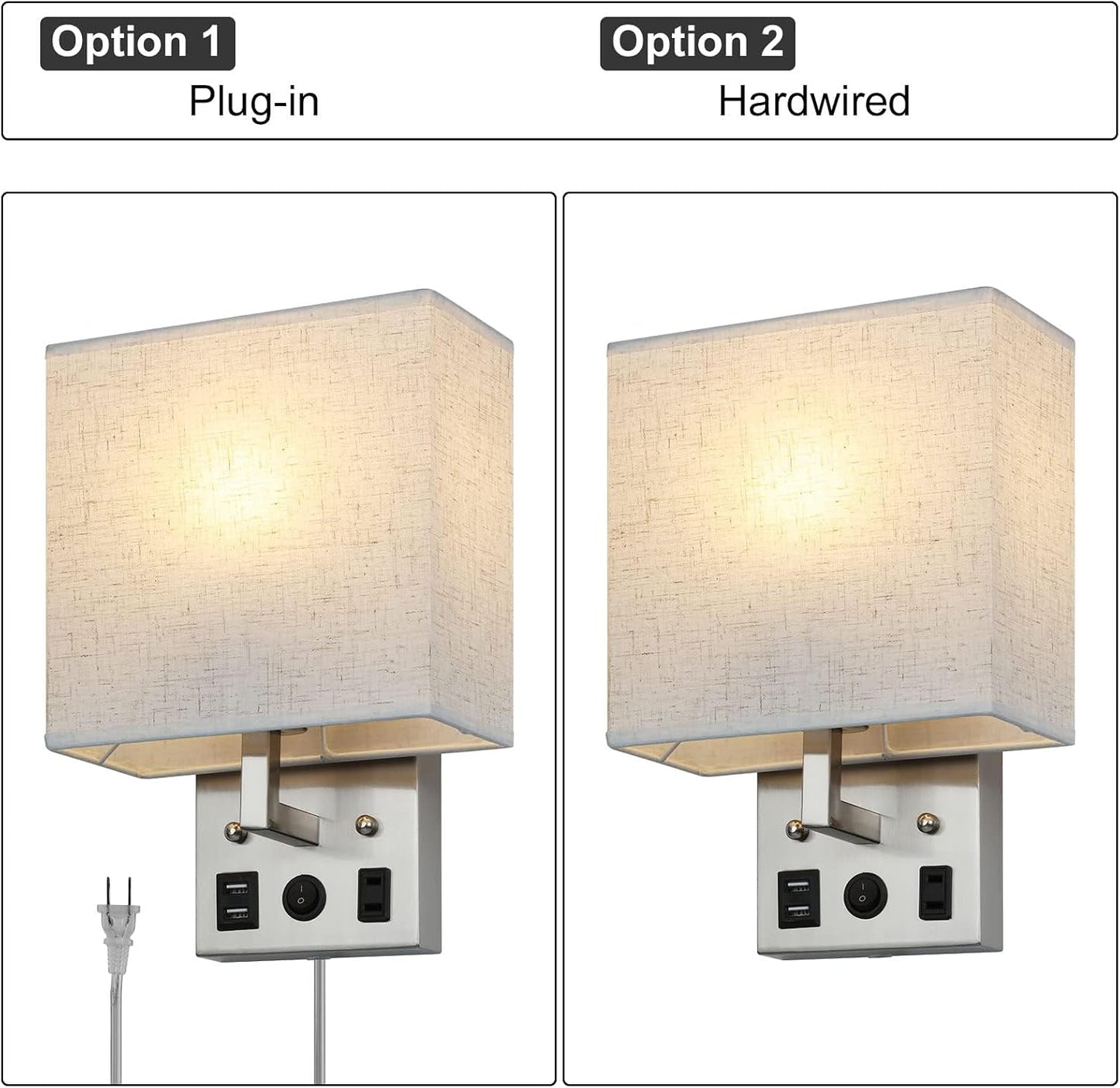 YBING Bedside Wall Lamp Plug in Cord Set of 2, Plug in Wall Sconce Nightstand Wall Lights with Dual USB Ports and AC