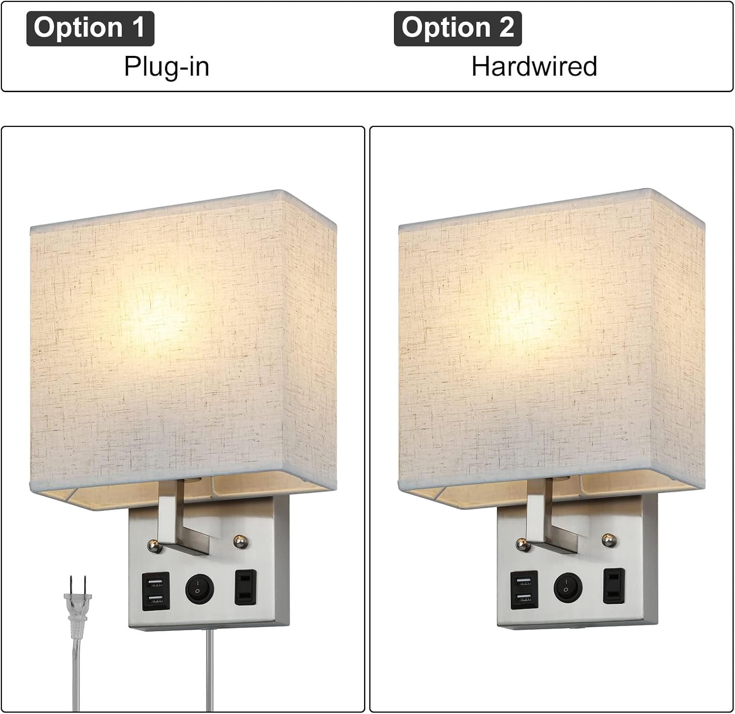 YBING Bedside Wall Lamp Plug in Cord Set of 2, Plug in Wall Sconce Nightstand Wall Lights with Dual USB Ports and AC
