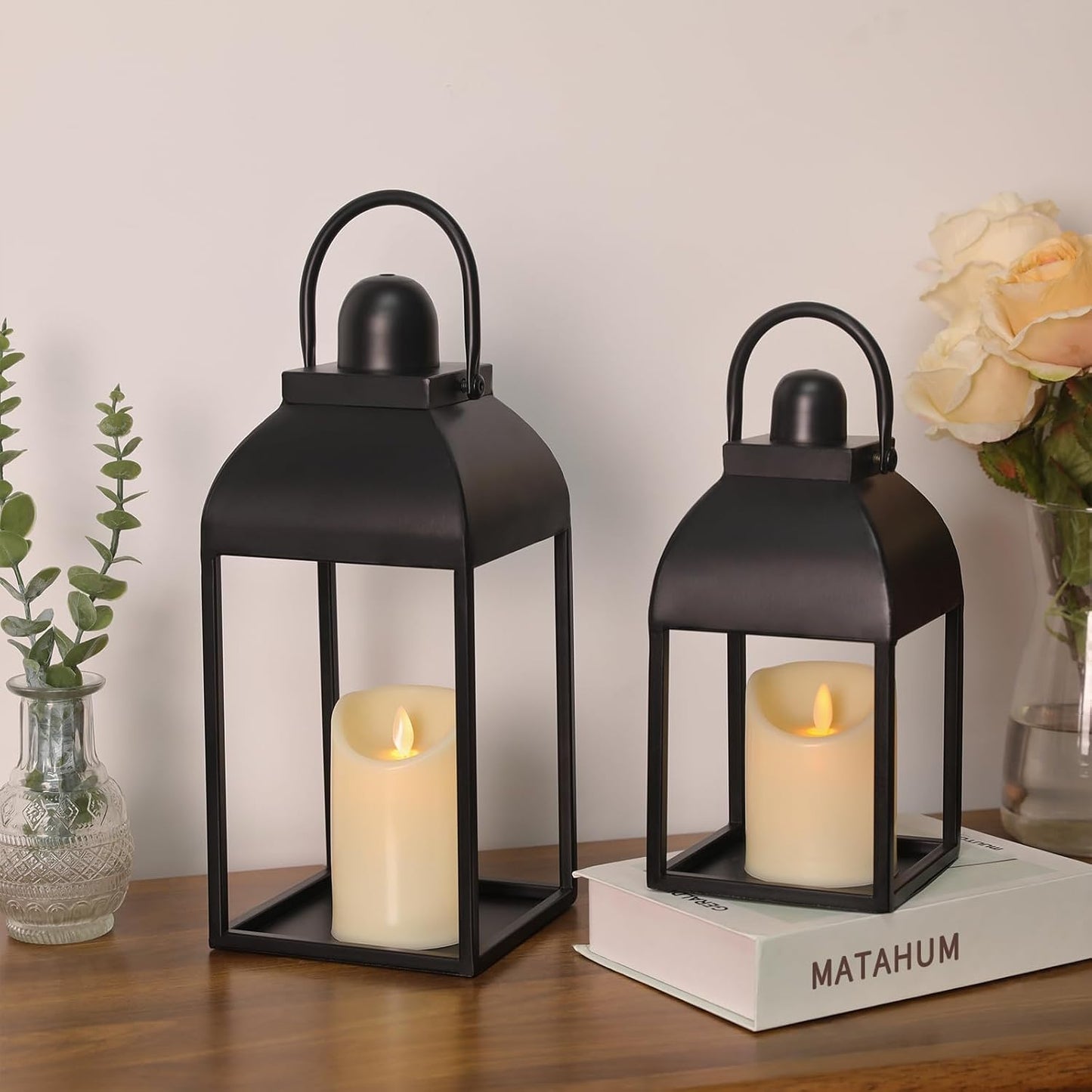 Lanterns Decorative Indoor 15" 11" Set of 2 Black Metal Lantern with Candle | Glass-free Decorative Lanterns with