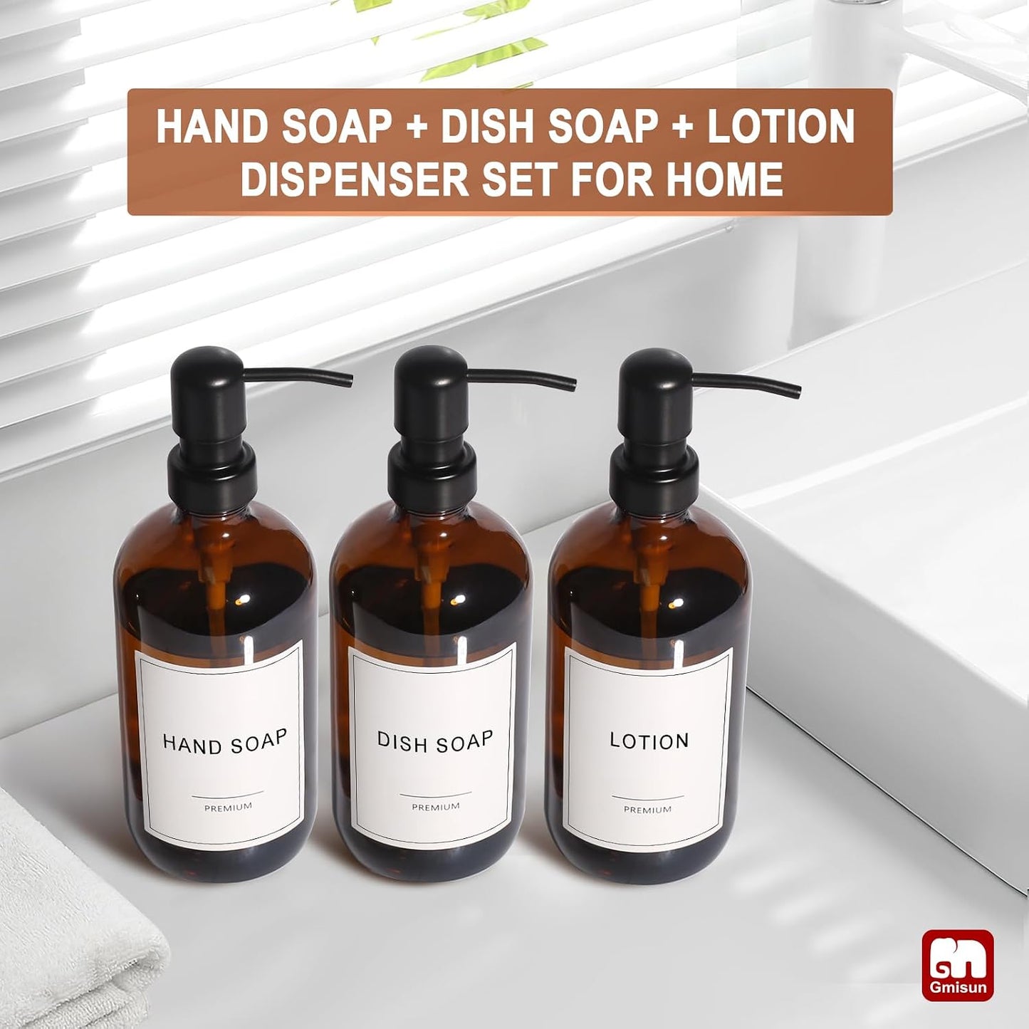 GMISUN Shampoo and Conditioner Dispenser, 3 Pack Amber Glass Bathroom Shampoo Conditioner Body Wash Dispenser with Pump
