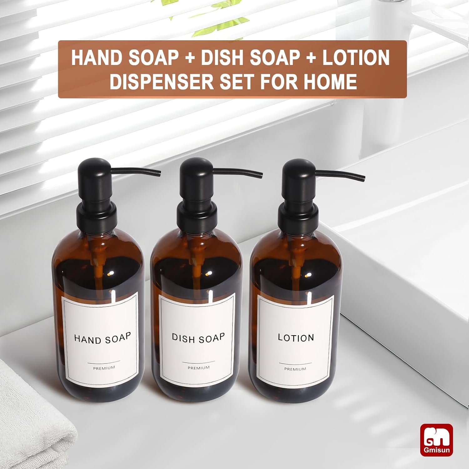 GMISUN Shampoo and Conditioner Dispenser, 3 Pack Amber Glass Bathroom Shampoo Conditioner Body Wash Dispenser with Pump