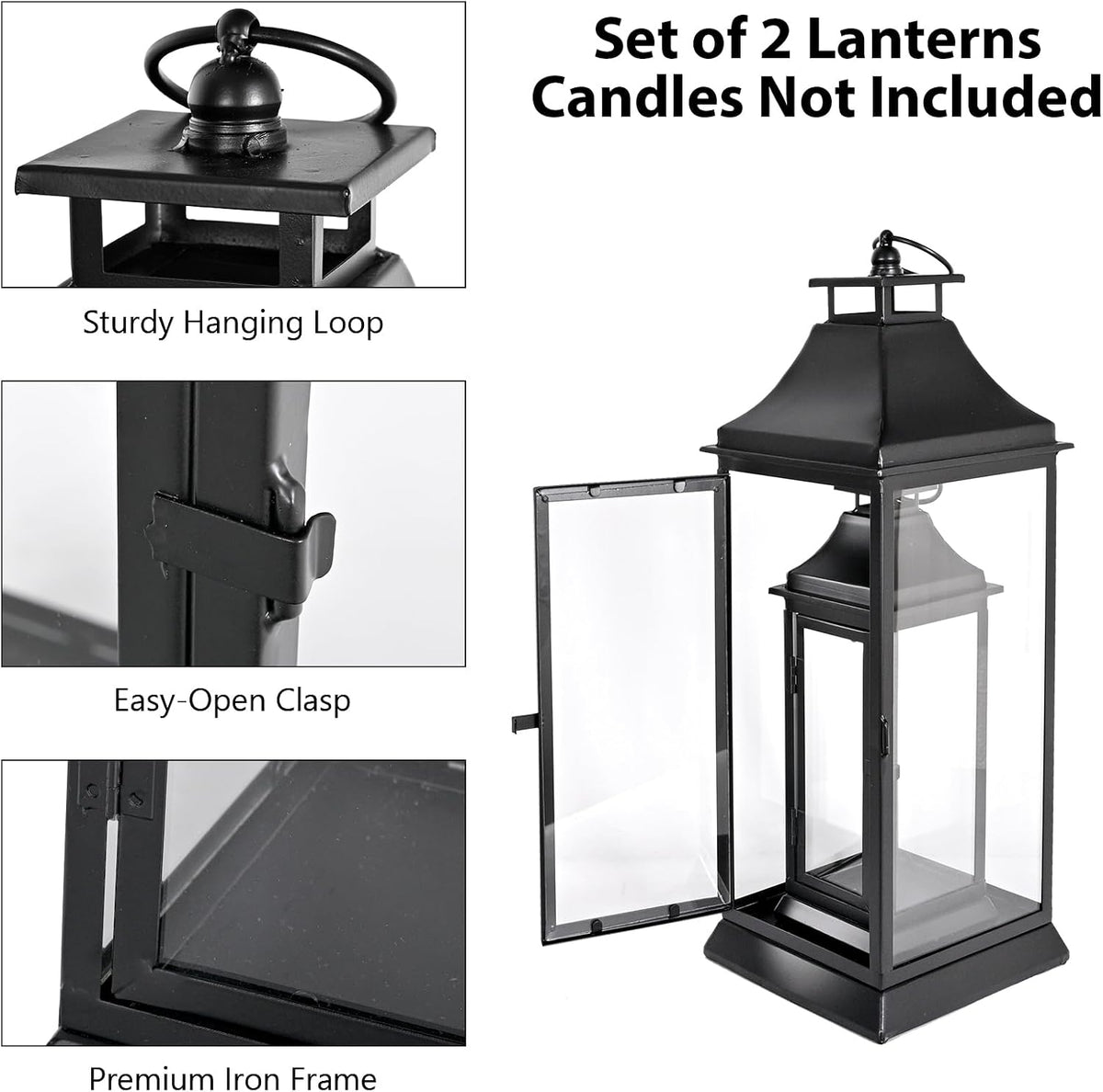 SwallowLiving Black Outdoor Lanterns Set of 2, 19.5" & 13.3" Farmhouse Large Metal Decorative Candle Lanterns with