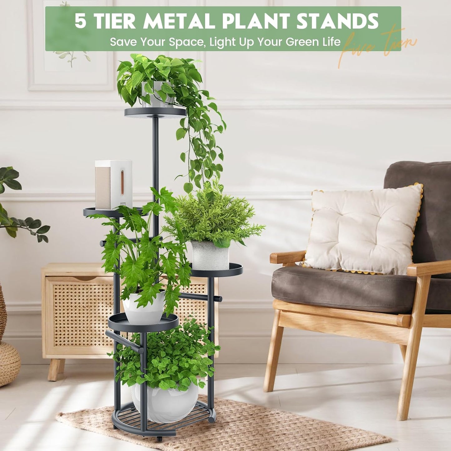 TOSKING Tall 5-Tier Round Metal Corner Plant Stand Indoor, Anti-Tip, Gray | 37.7-Inch Height, Space-Saving Design