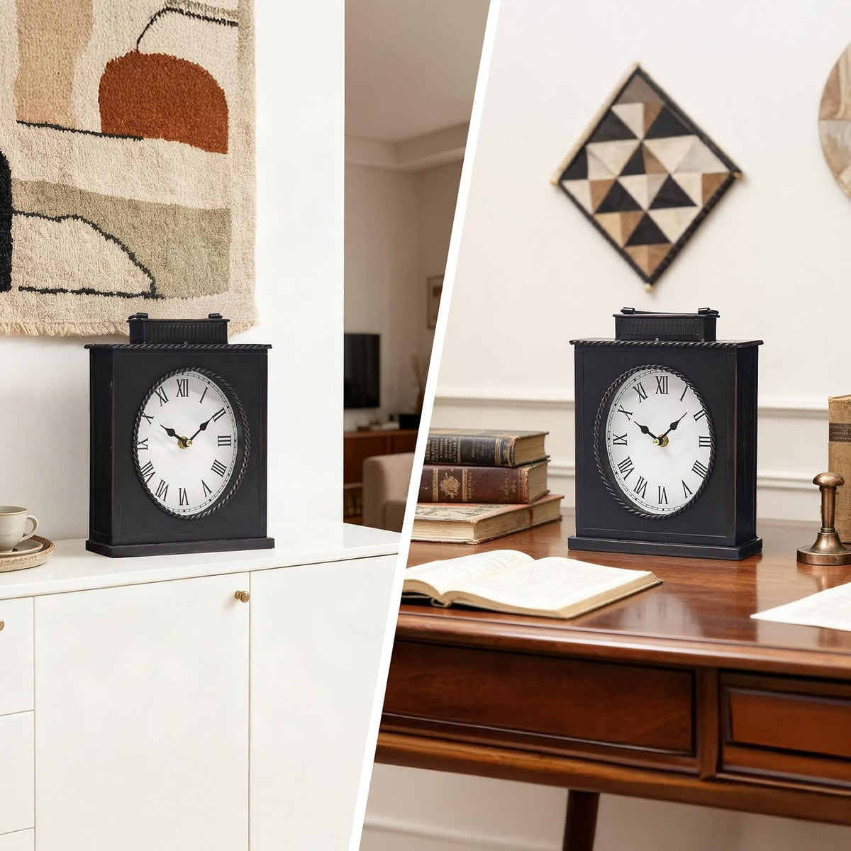 Vintage Mantel Clock, Large Rustic Distressed Metal Table Clock with Handle, Silent Non-Ticking Quartz Movement