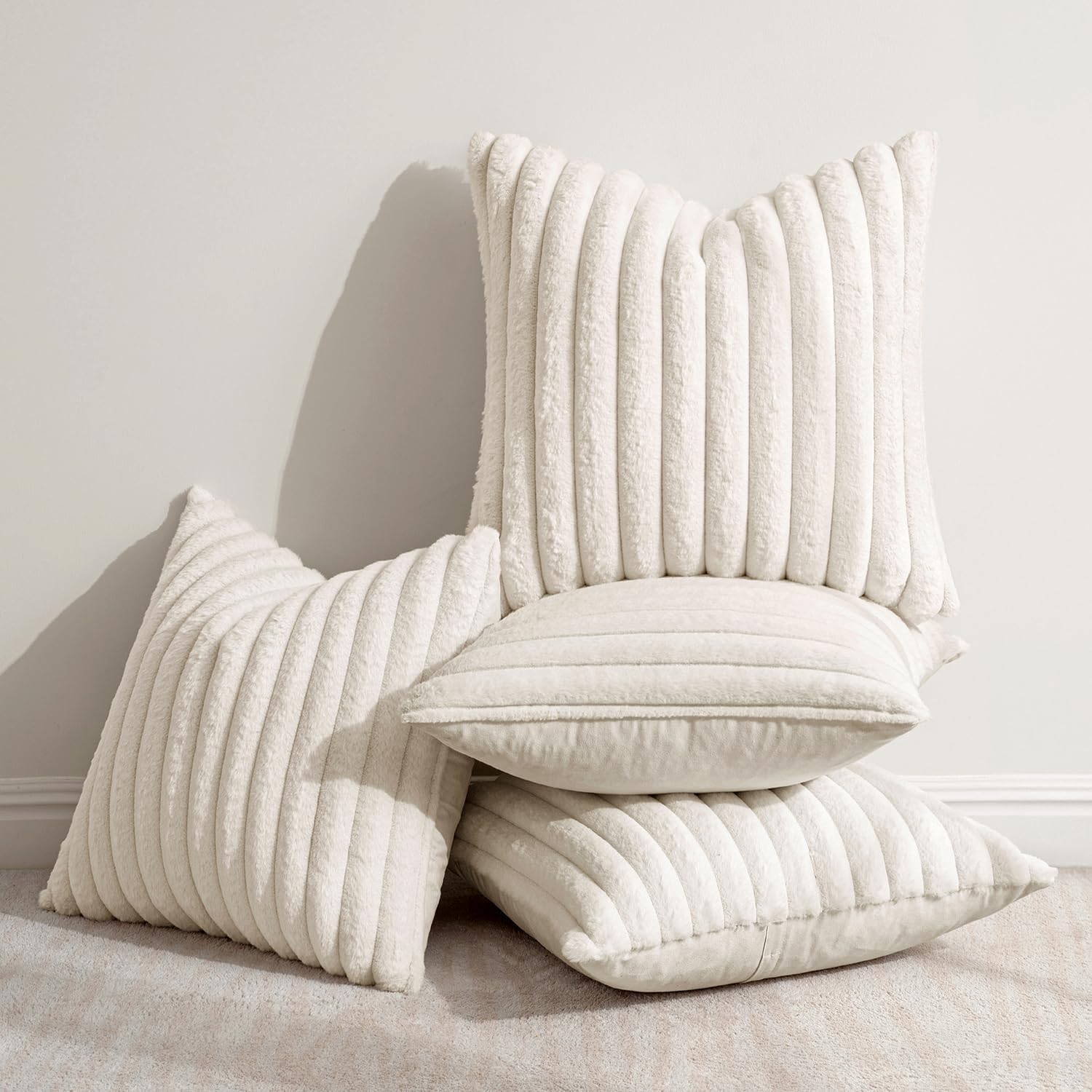 Faux Fur Plush Decorative Throw Pillow Covers / 18 x 18 / Cream White / Set of 4
