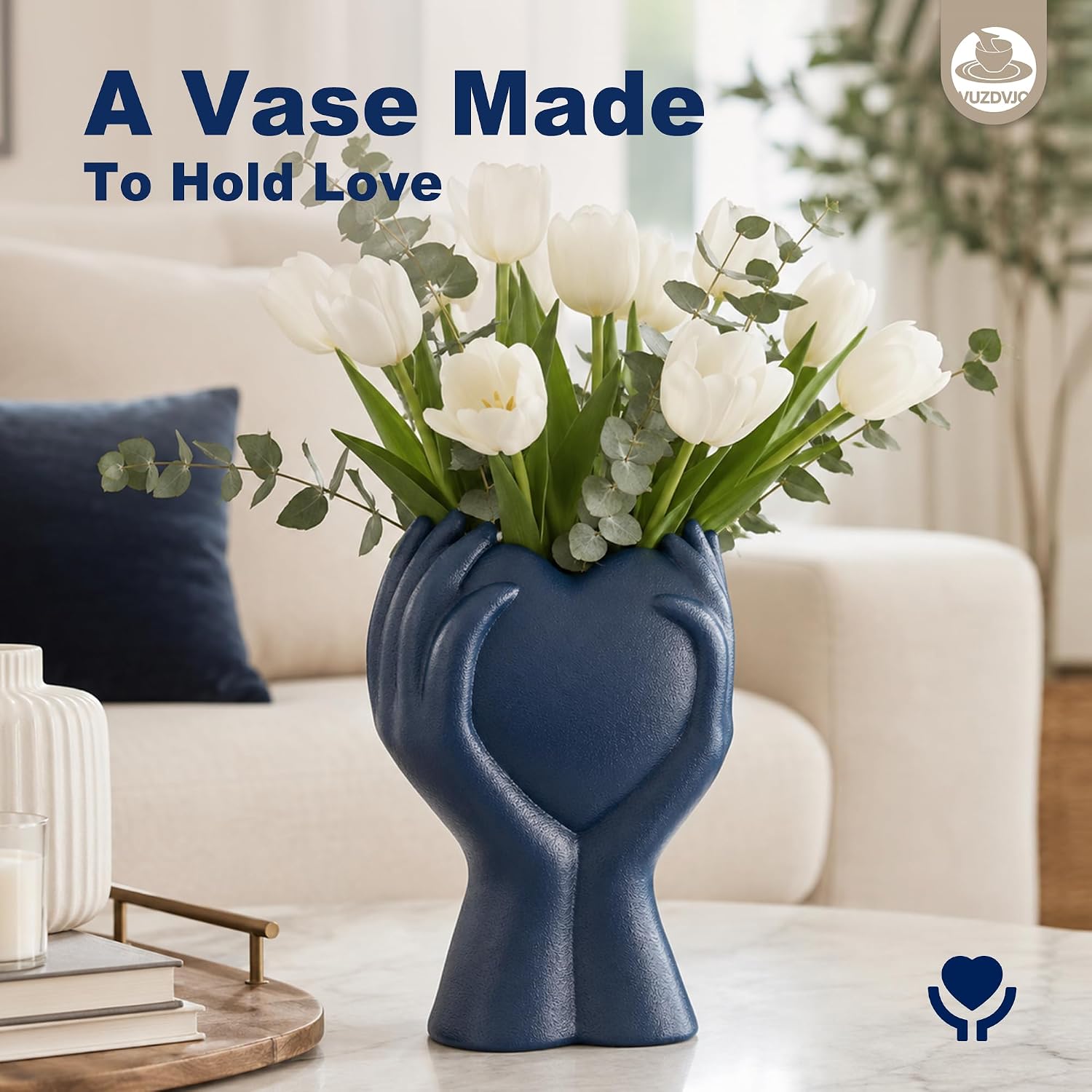 8" Heart Hand Navy Ceramic Vase / Blue